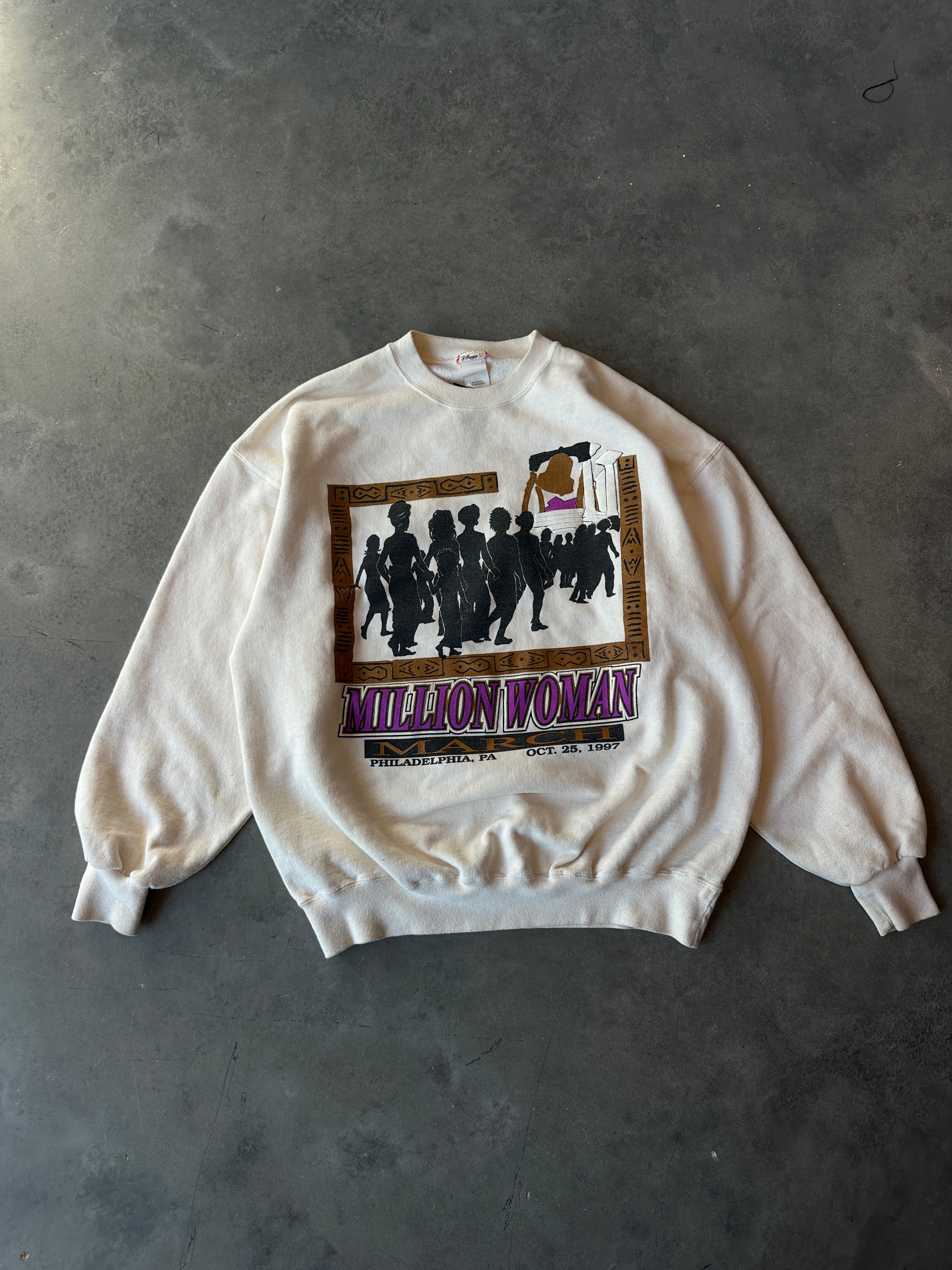 1997 Million Woman March “My Heart and Soul Supports The Million Woman March” Vintage Beige Heavyweight Crewneck Sweatshirt (XL)