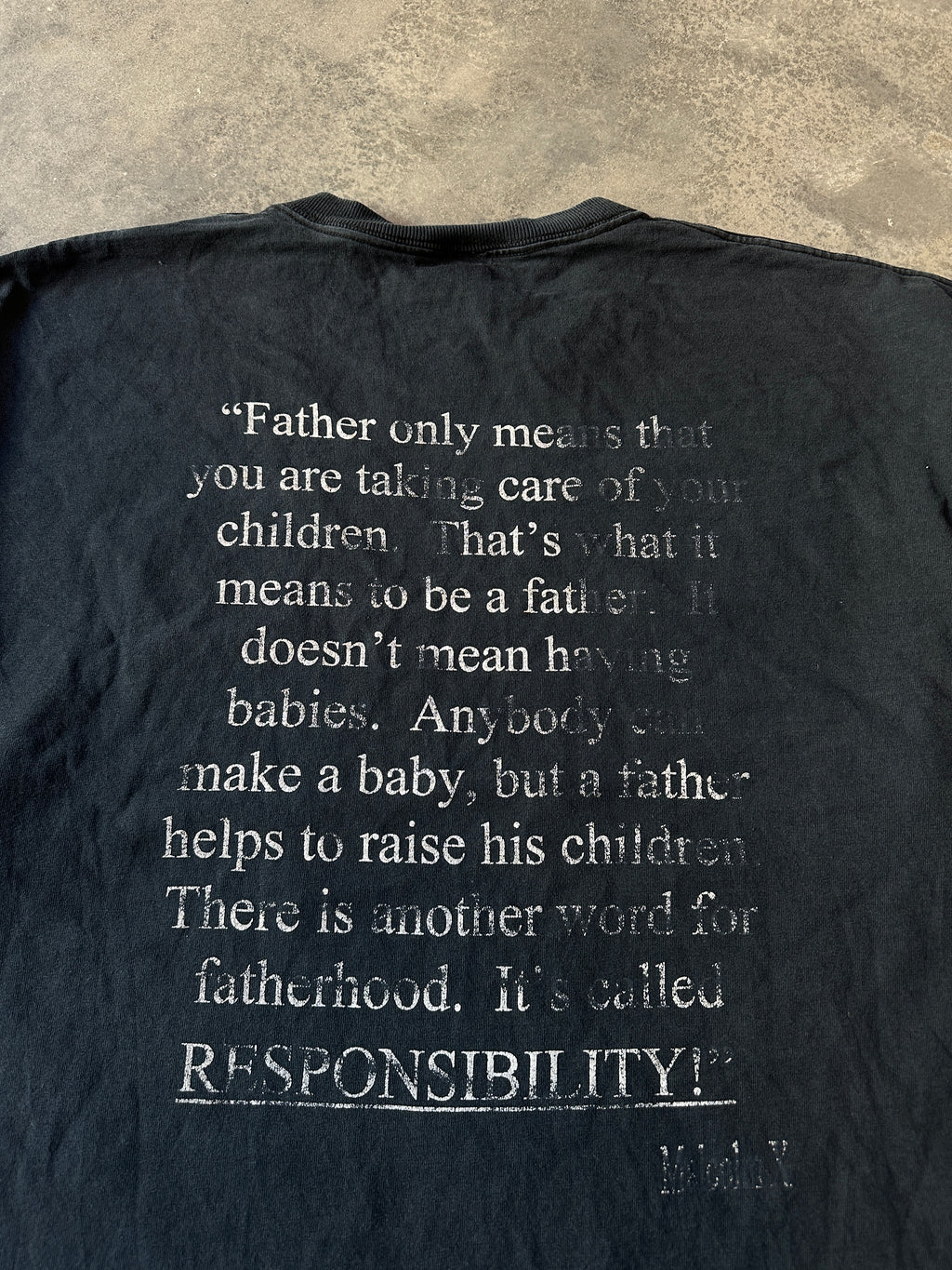 90's Malcolm X Fatherhood By Any Means Necessary Faded Black Vintage Tee (XXL)