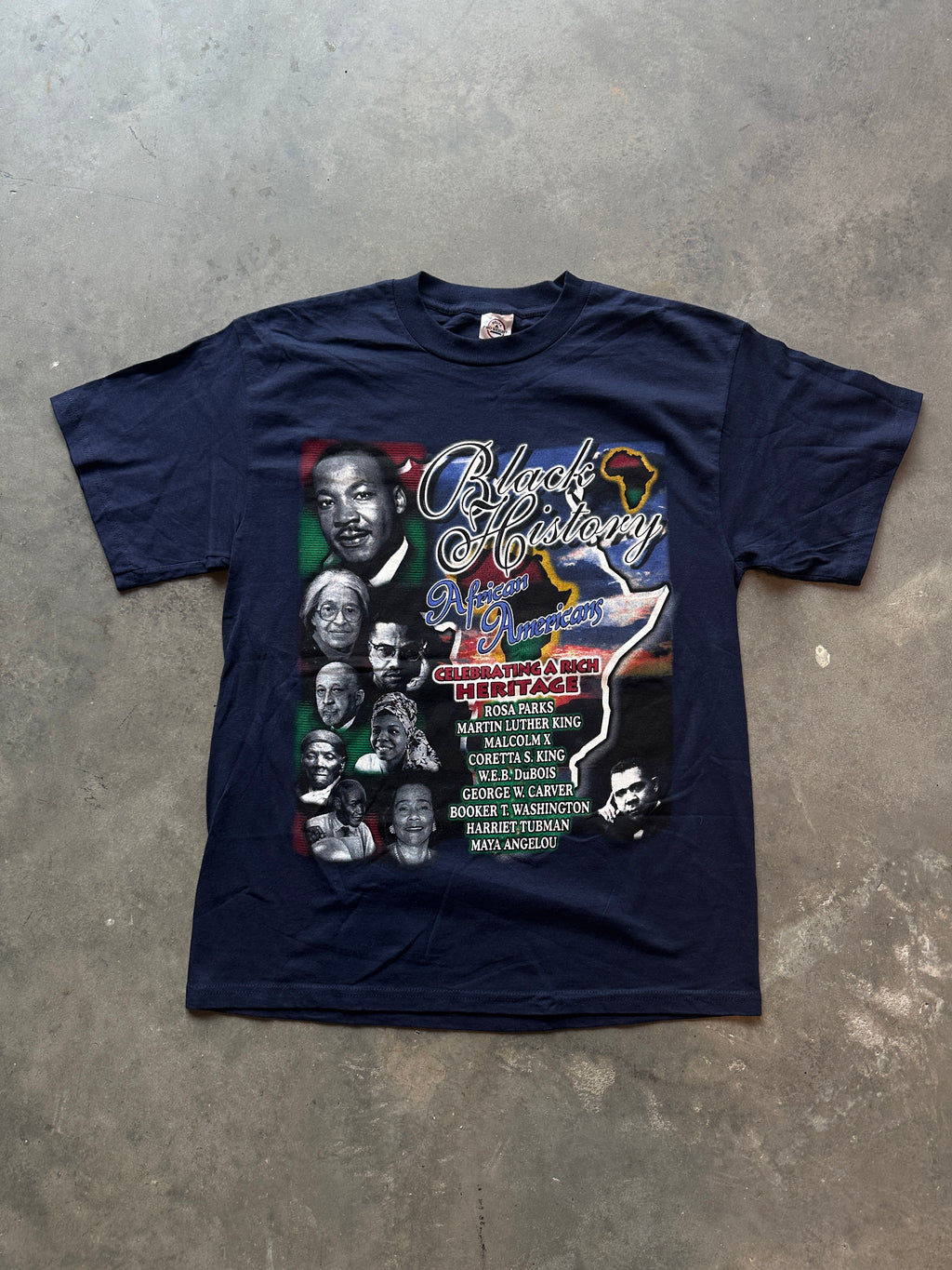 90's Celebrating Black History 365 Days Maya Angelou Booker T Coretta King DuBois & More Vintage Navy Tee (XL)