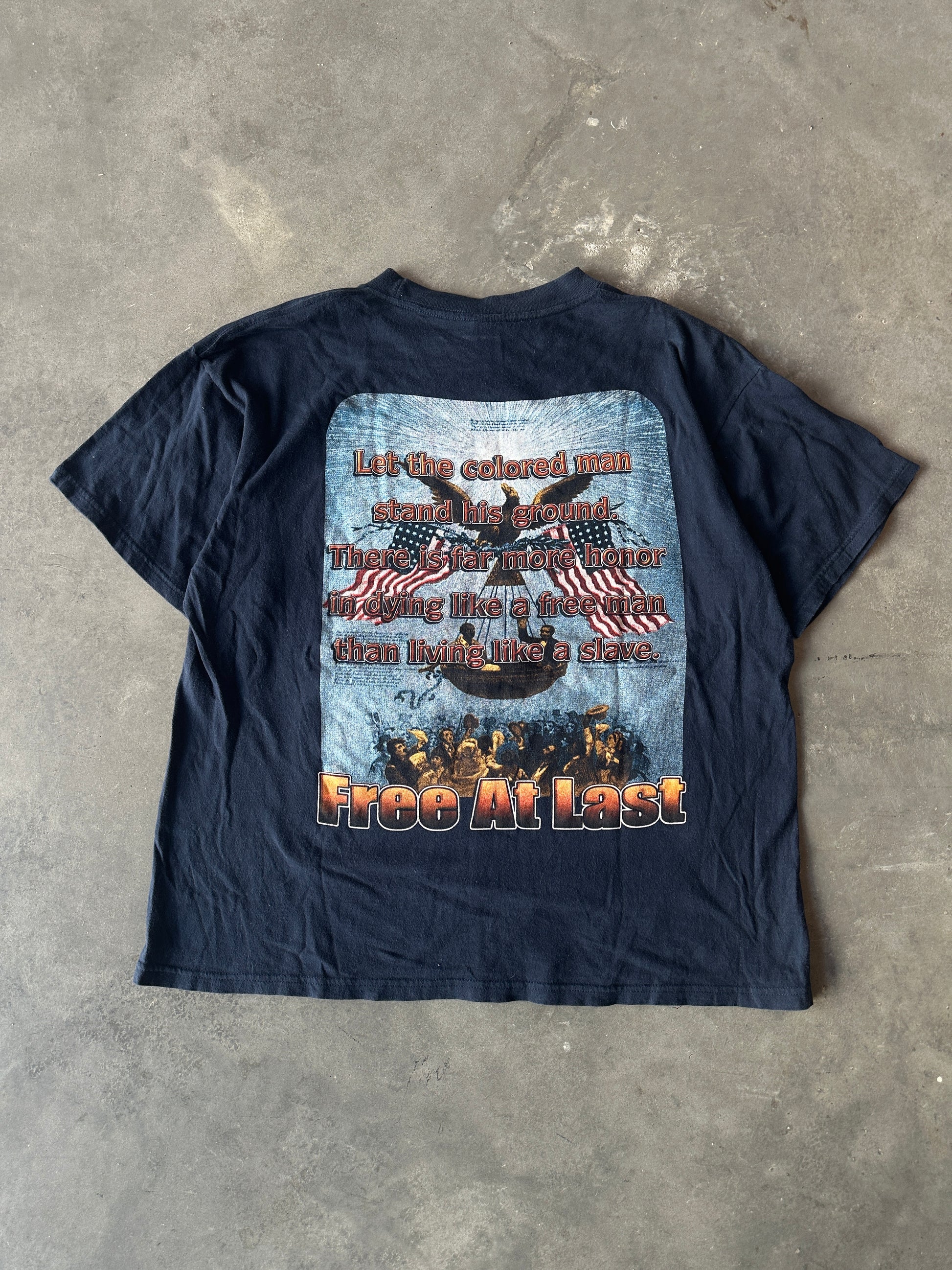 90's Generations of Unity Prominent Black Figures Malcolm X Muhammad Ali Venus & Serena Williams and More Free at Last Vintage Navy Blue Tee (Large)