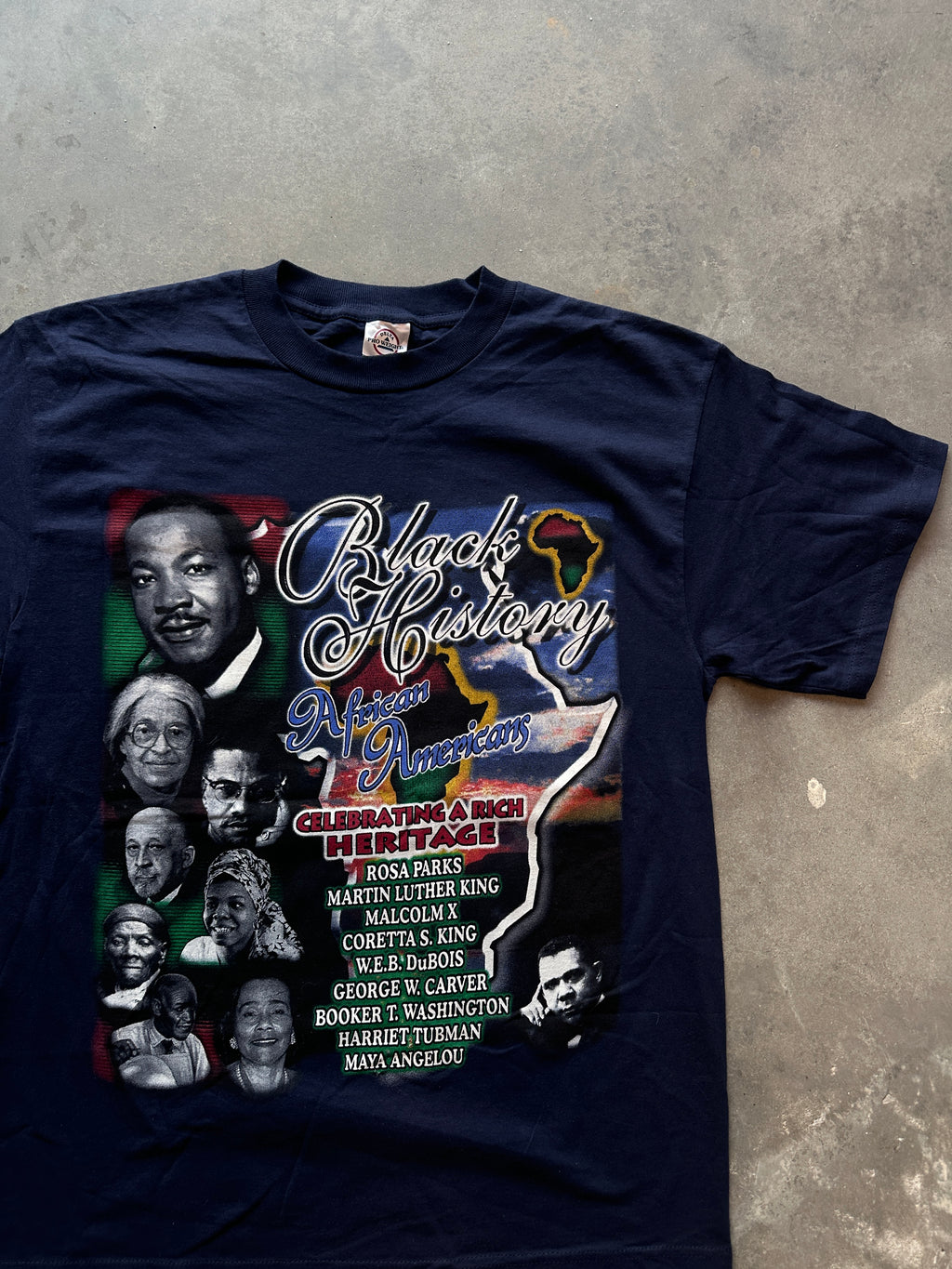90's Celebrating Black History 365 Days Maya Angelou Booker T Coretta King DuBois & More Vintage Navy Tee (XL)