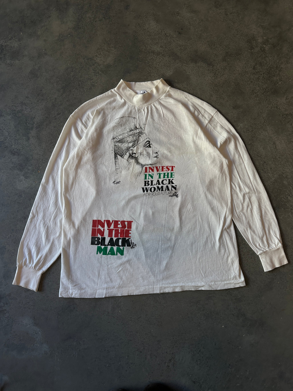 90's Invest in the Black Man & Woman For the Future Africa Test Print Mock Neck Long Sleeve Vintage Tee (XL)