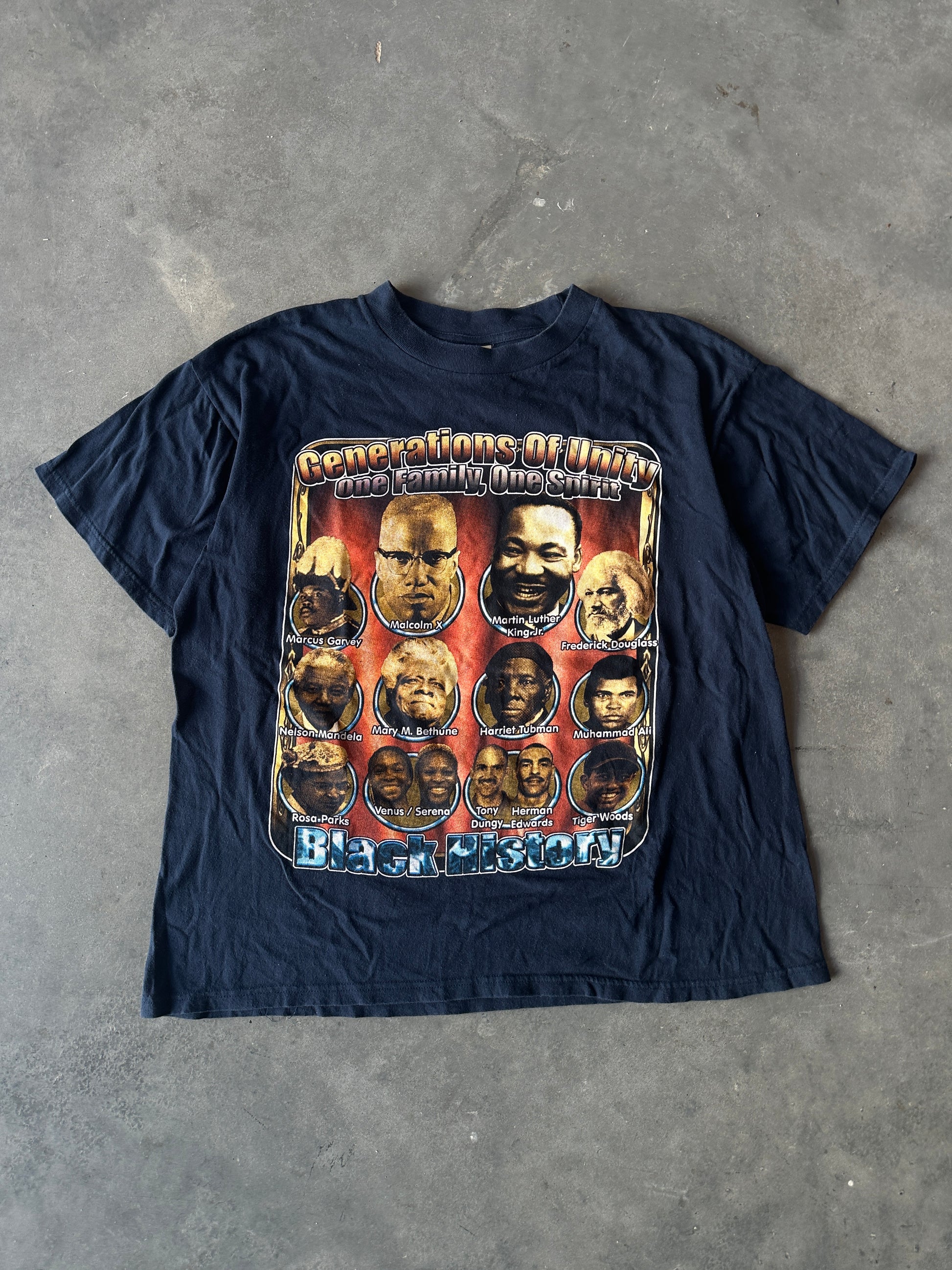 90's Generations of Unity Prominent Black Figures Malcolm X Muhammad Ali Venus & Serena Williams and More Free at Last Vintage Navy Blue Tee (Large)