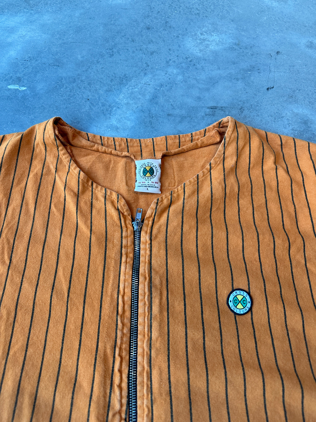 90’s Cross Colours Orange Full Zip Pinstripe Baseball Jersey (XL)