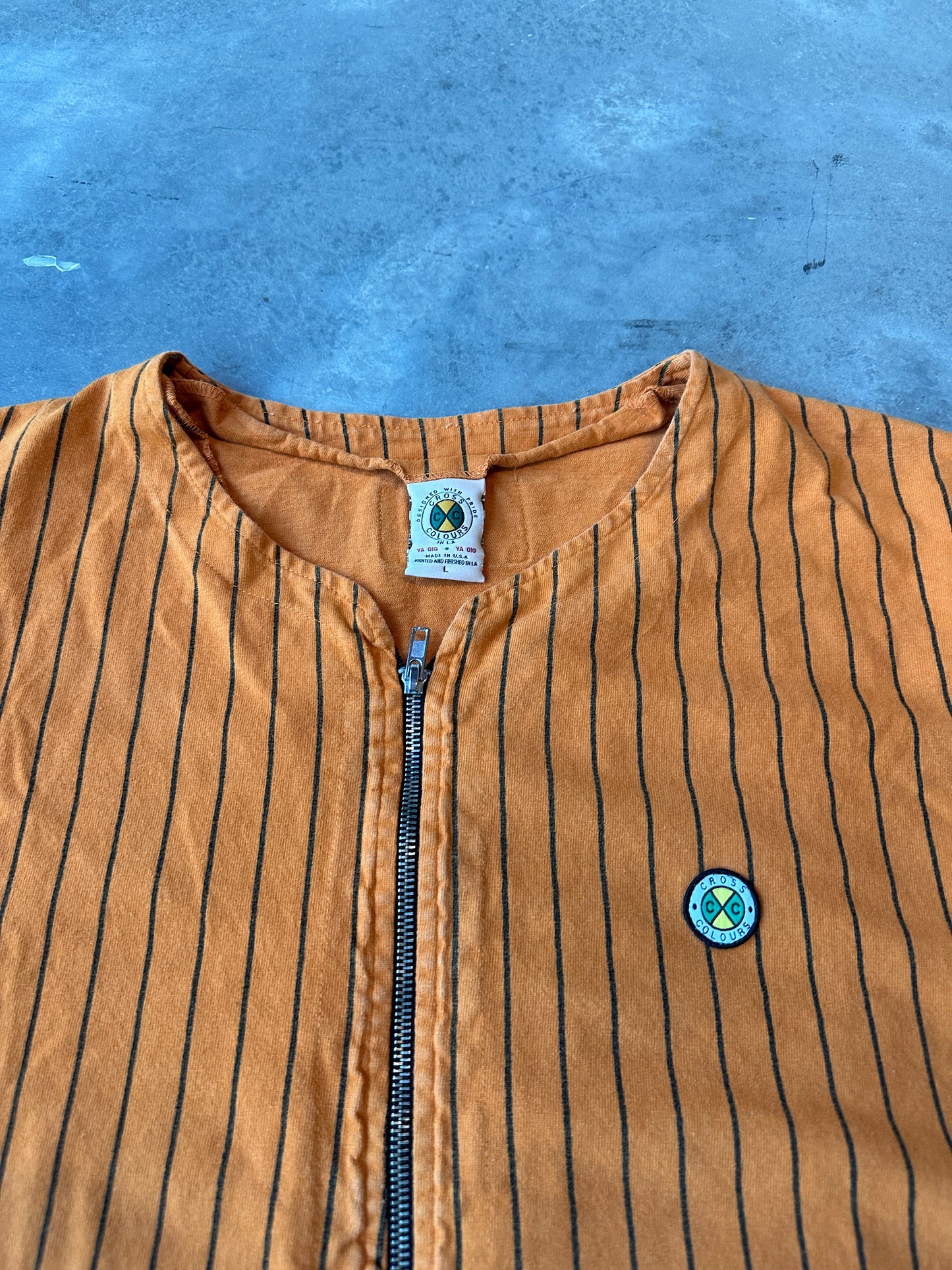 90’s Cross Colours Orange Full Zip Pinstripe Baseball Jersey (XL)