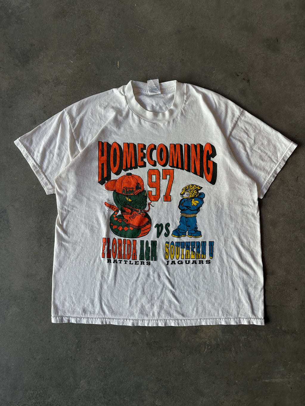1997 FAMU Florida A&M Rattlers vs. Southern University SU Jaguars Black College Football Vintage Cartoon Mascot Homecoming Tee (BOXY Large)