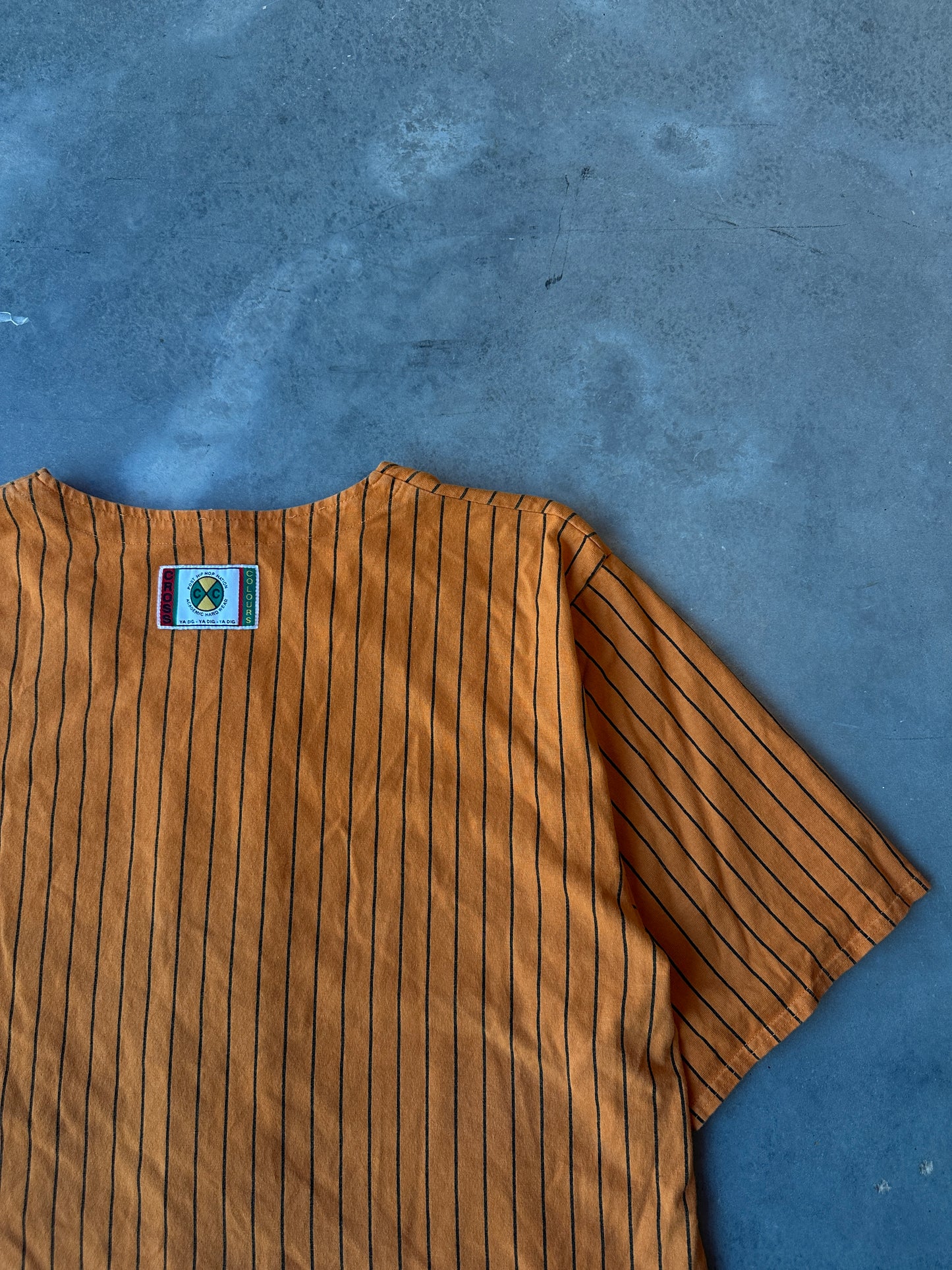 90’s Cross Colours Orange Full Zip Pinstripe Baseball Jersey (XL)