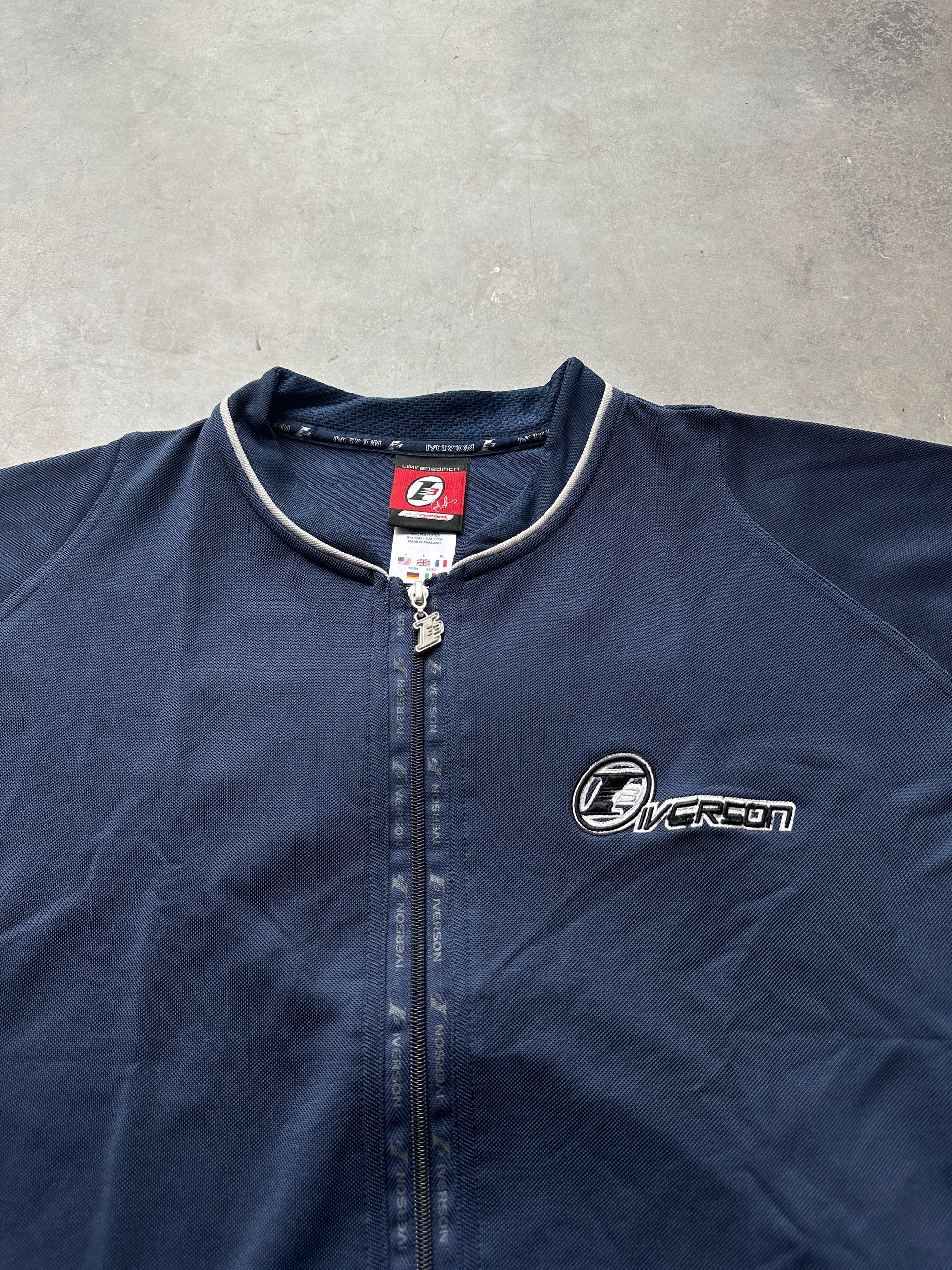 00's Y2K Allen Iverson Reebok "The Answer" Navy Blue NBA Full Zip Shooting Shirt - Brand New (Multiple Sizes)