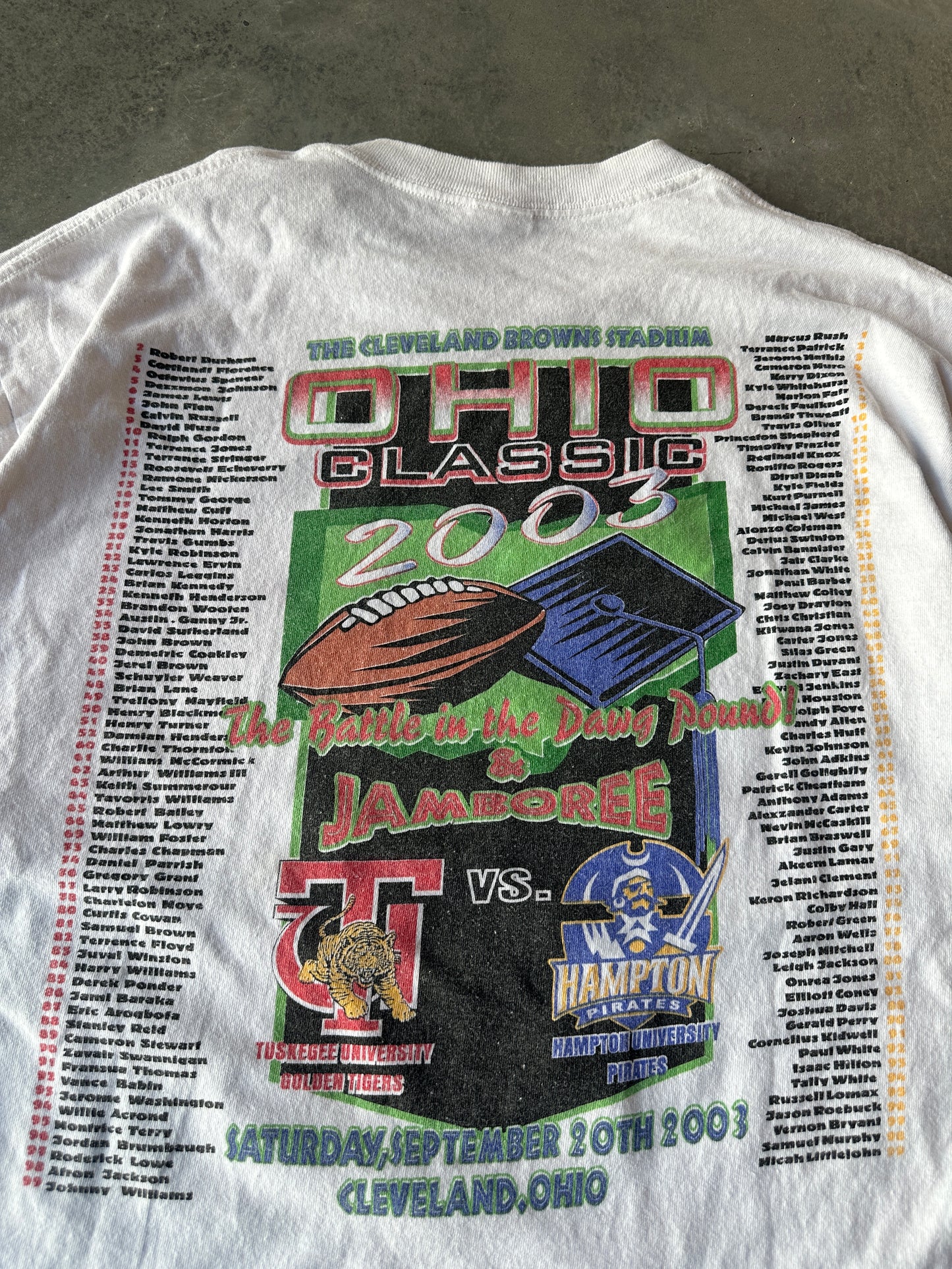 2003 Tuskegee University Golden Tigers vs. Hampton University Pirates Vintage Ohio Classic HBCU Football Matchup Roster Tee (XXL)