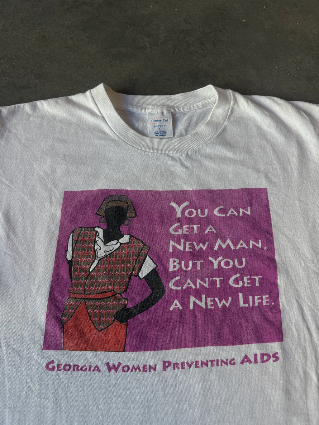 90's Women's AIDS Prevention "You Can Get a New Man But You Can't Get A New Life" Vintage Tee (BOXY Large)