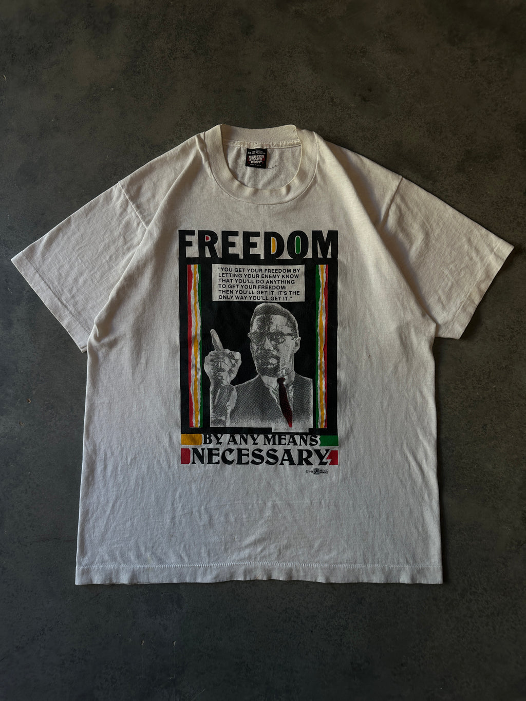 1989 Malcolm X Freedom By Any Means Necessary Tee Just Watching My Back Vintage Tee (Large)