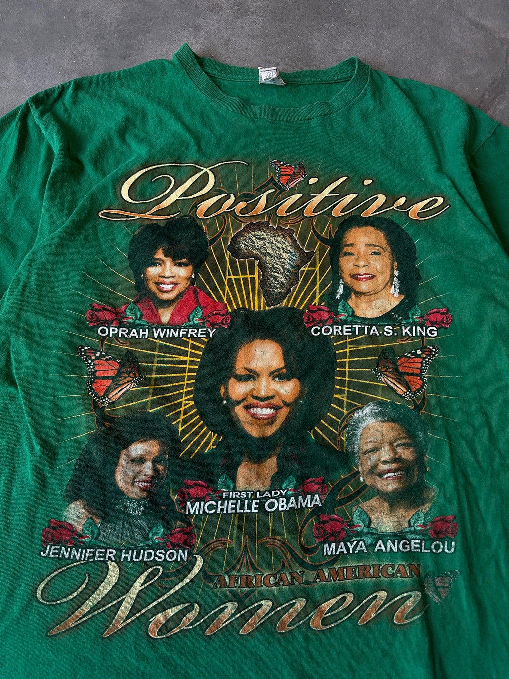 00's Positive African American Women & Women of Greatness Aretha Oprah Corretta & More Green Vintage Tee (Large)