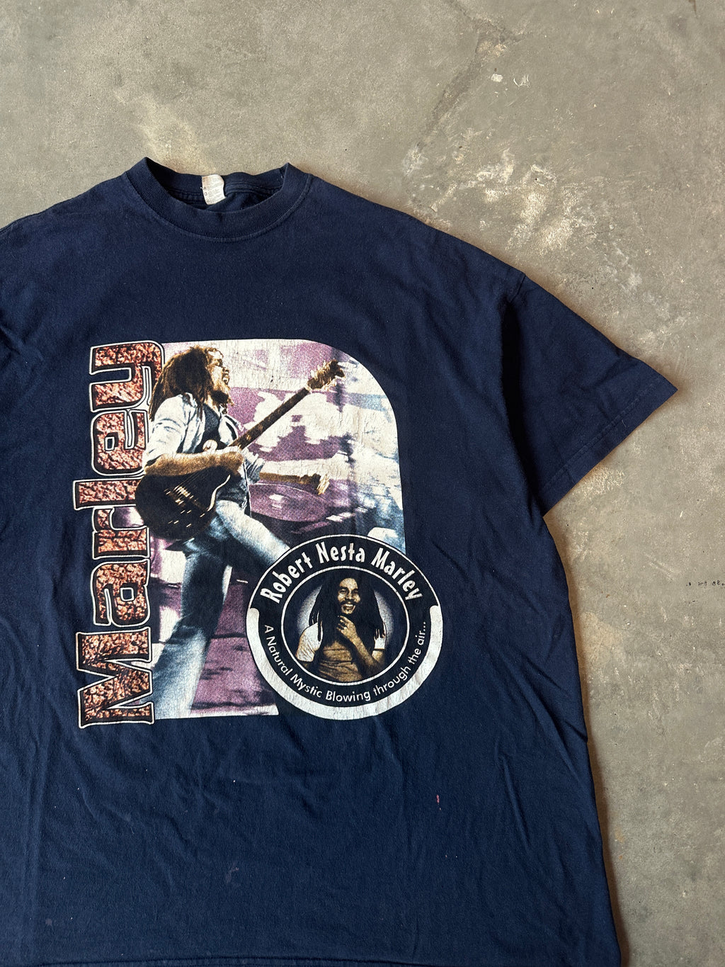 90’s Bob Marley Natural Mystic Rap Style Navy Blue Vintage Reggae Music Tee (XXL)