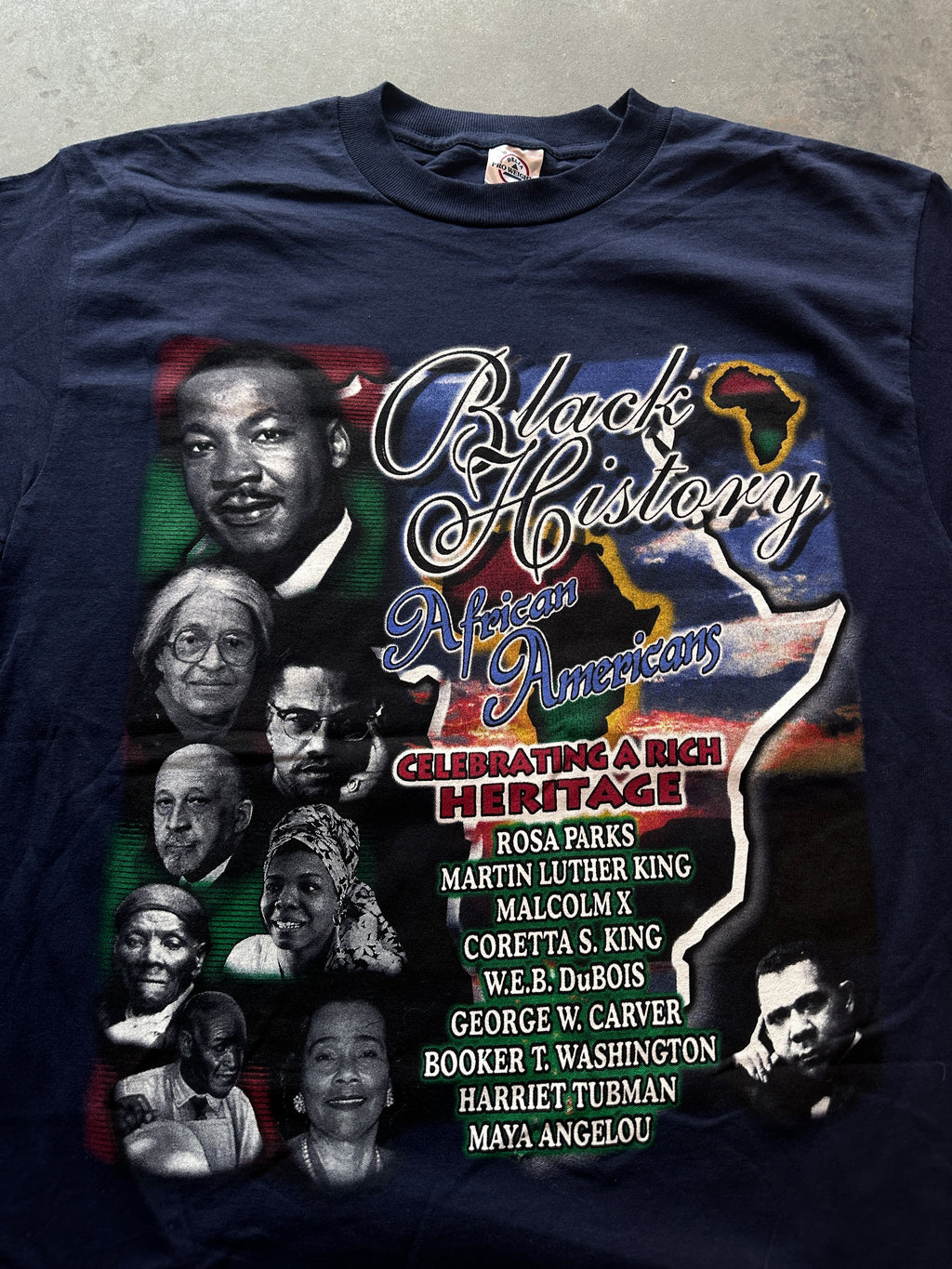 90's Celebrating Black History 365 Days Maya Angelou Booker T Coretta King DuBois & More Vintage Navy Tee (XL)