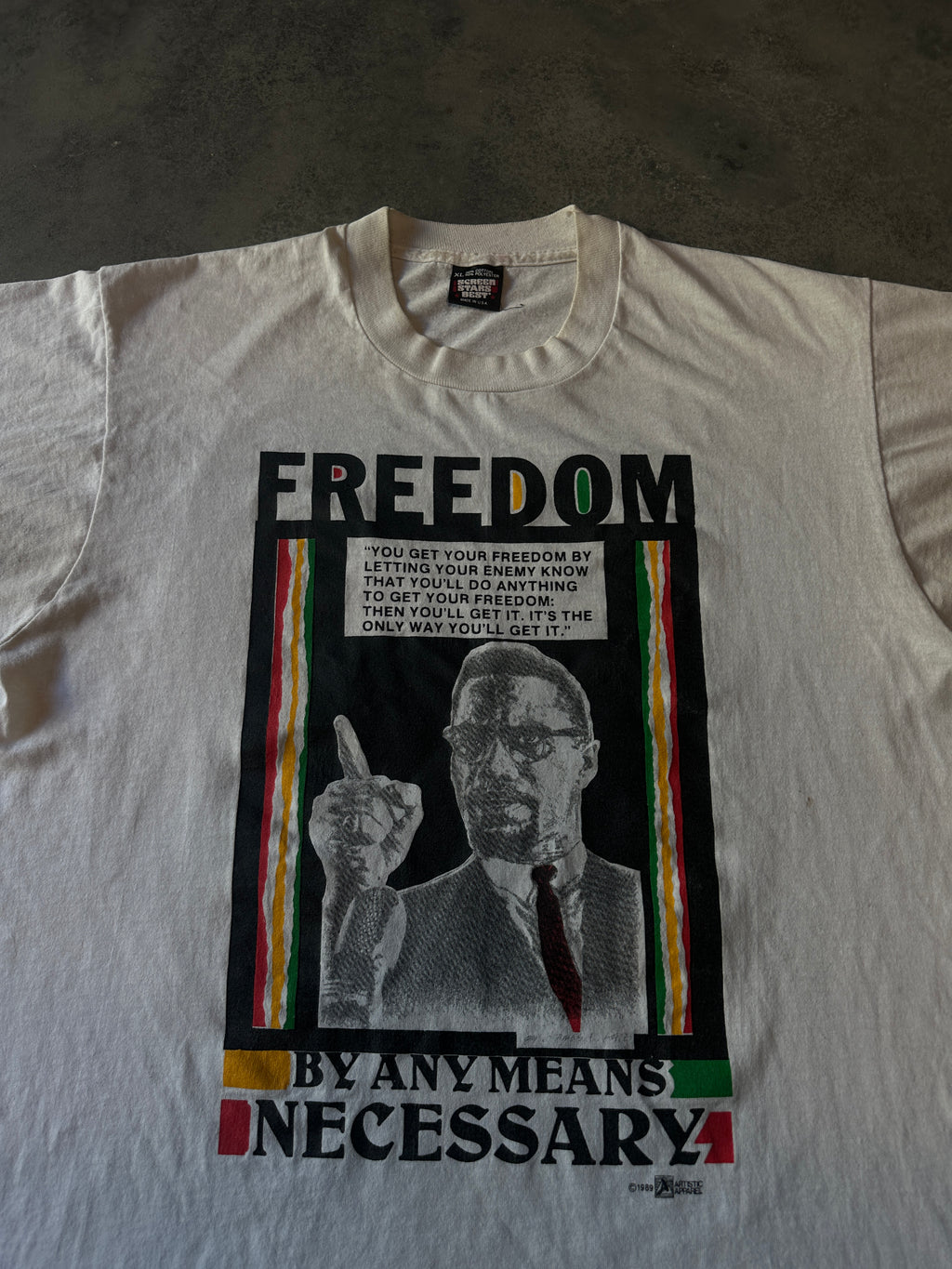 1989 Malcolm X Freedom By Any Means Necessary Tee Just Watching My Back Vintage Tee (Large)