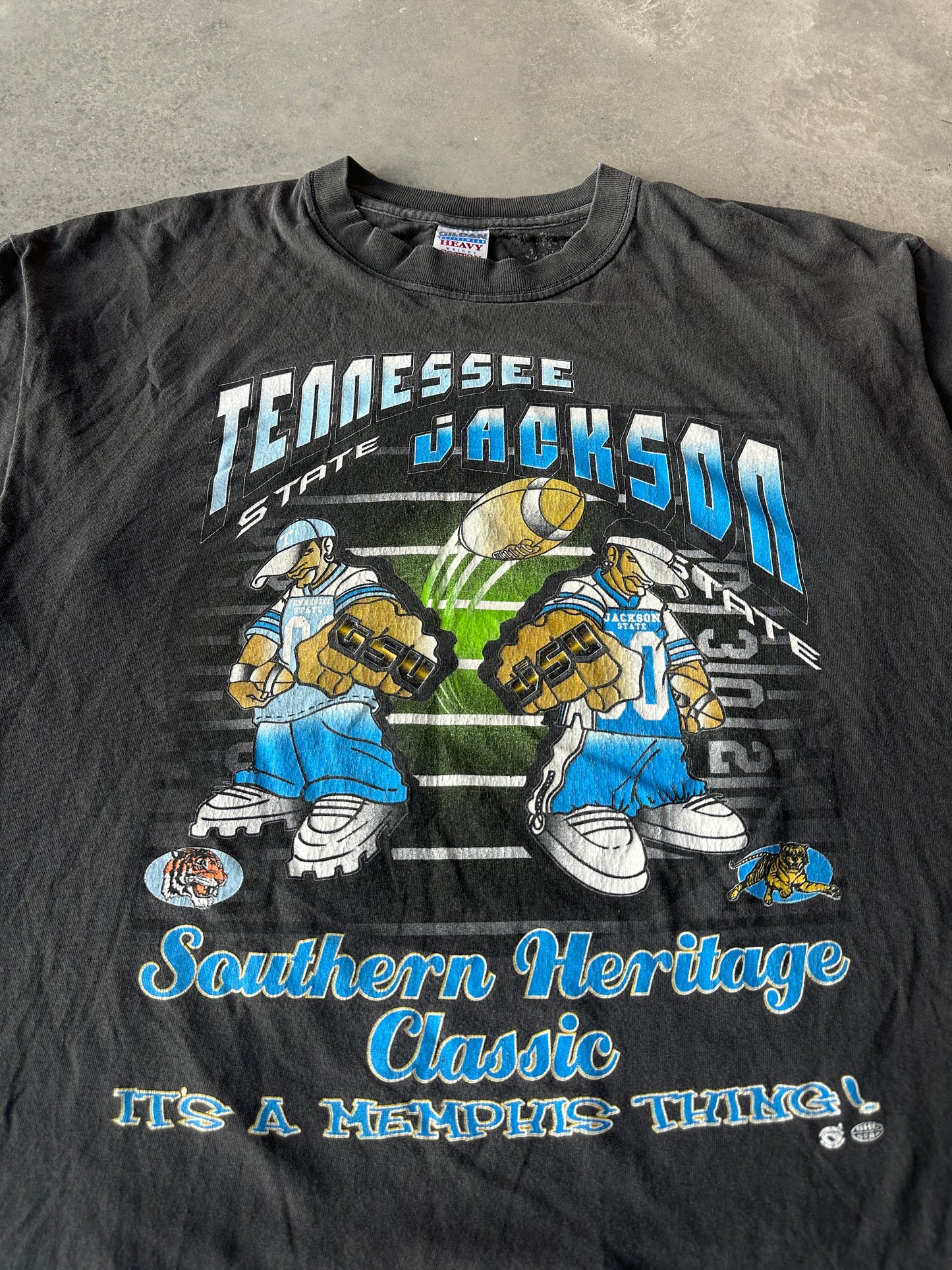 90’s Tennessee State TSU vs. Jackson State JSU Southern Heritage Classic HBCU Football Hip Hop Matchup Distressed Vintage Tee (Large)