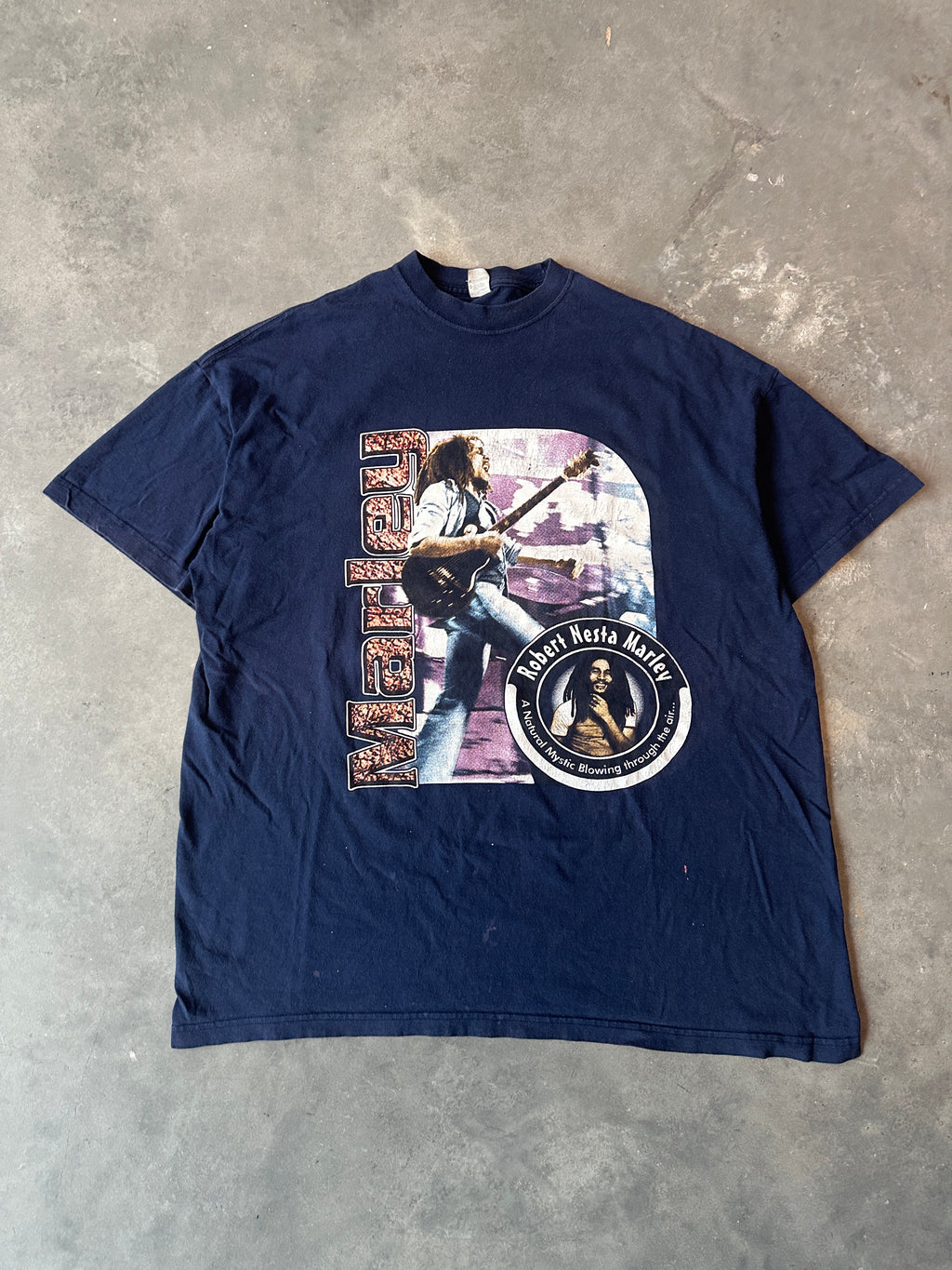 90’s Bob Marley Natural Mystic Rap Style Navy Blue Vintage Reggae Music Tee (XXL)