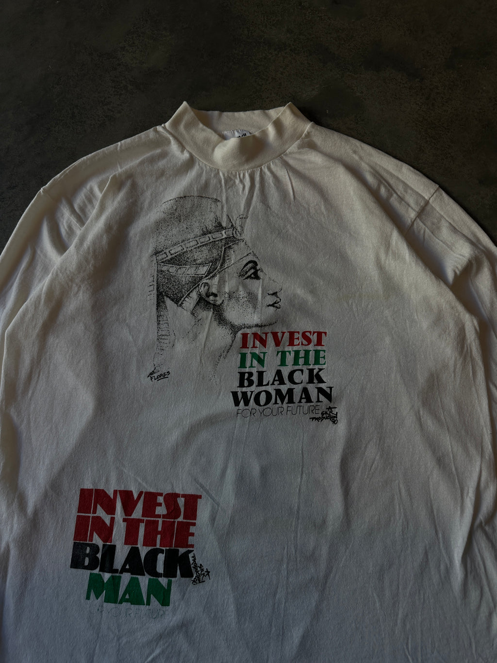 90's Invest in the Black Man & Woman For the Future Africa Test Print Mock Neck Long Sleeve Vintage Tee (XL)