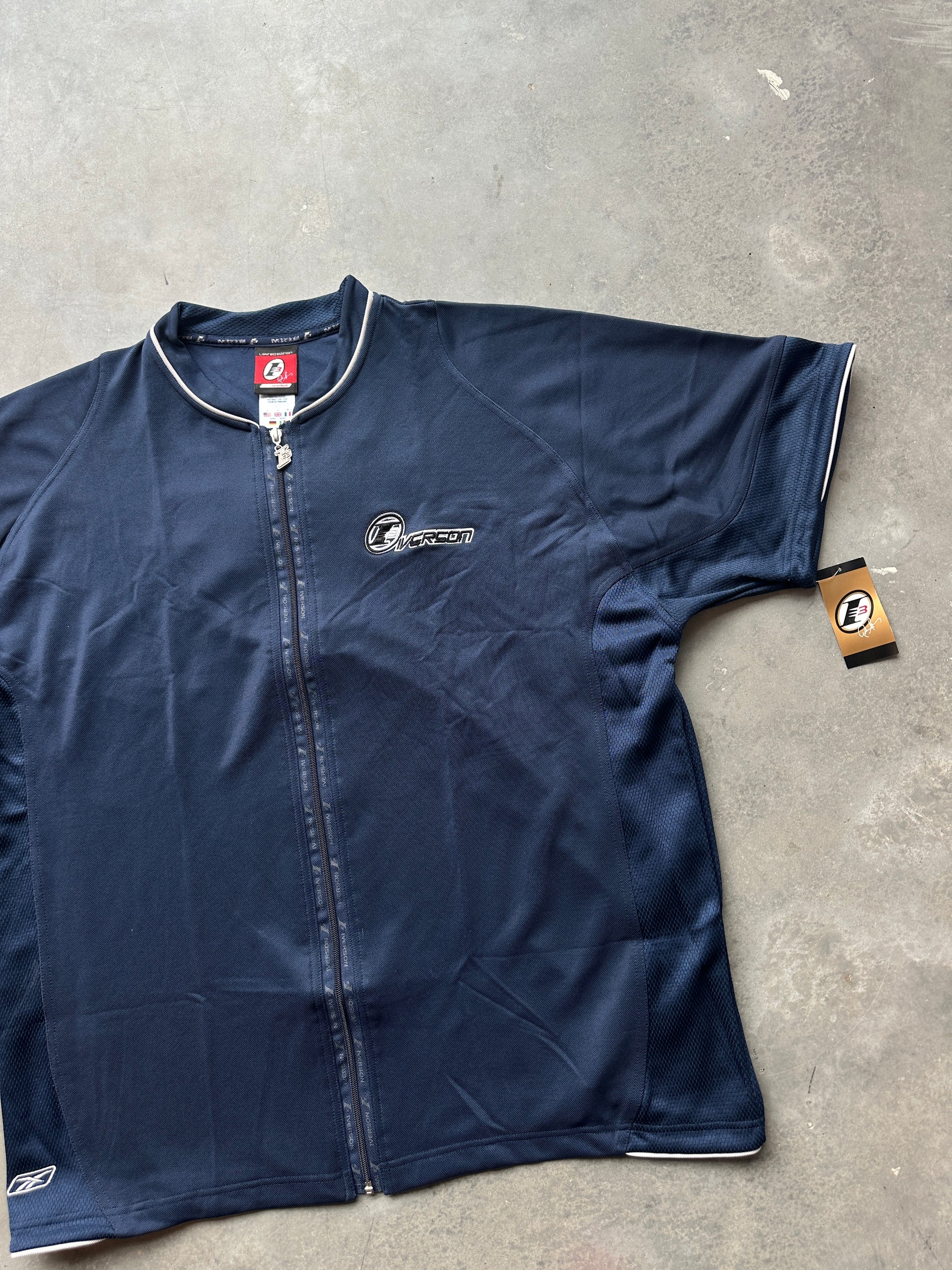 00's Y2K Allen Iverson Reebok "The Answer" Navy Blue NBA Full Zip Shooting Shirt - Brand New (Multiple Sizes)