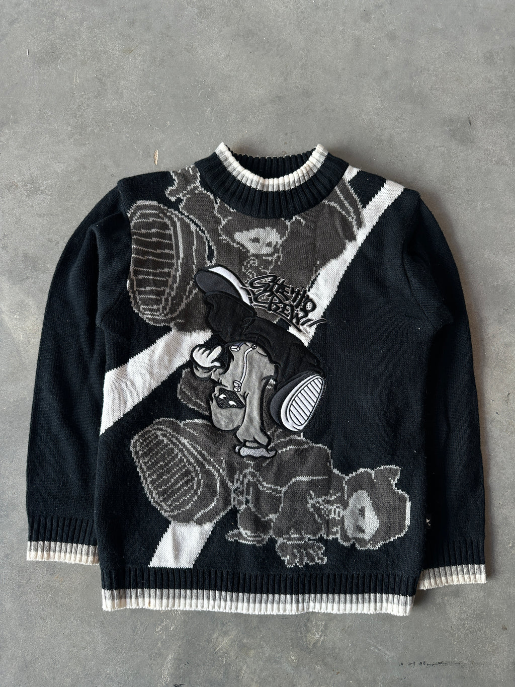 00's Ghetto Crew Y2K Embroidered RARE Knit Crewneck Sweater (Small)