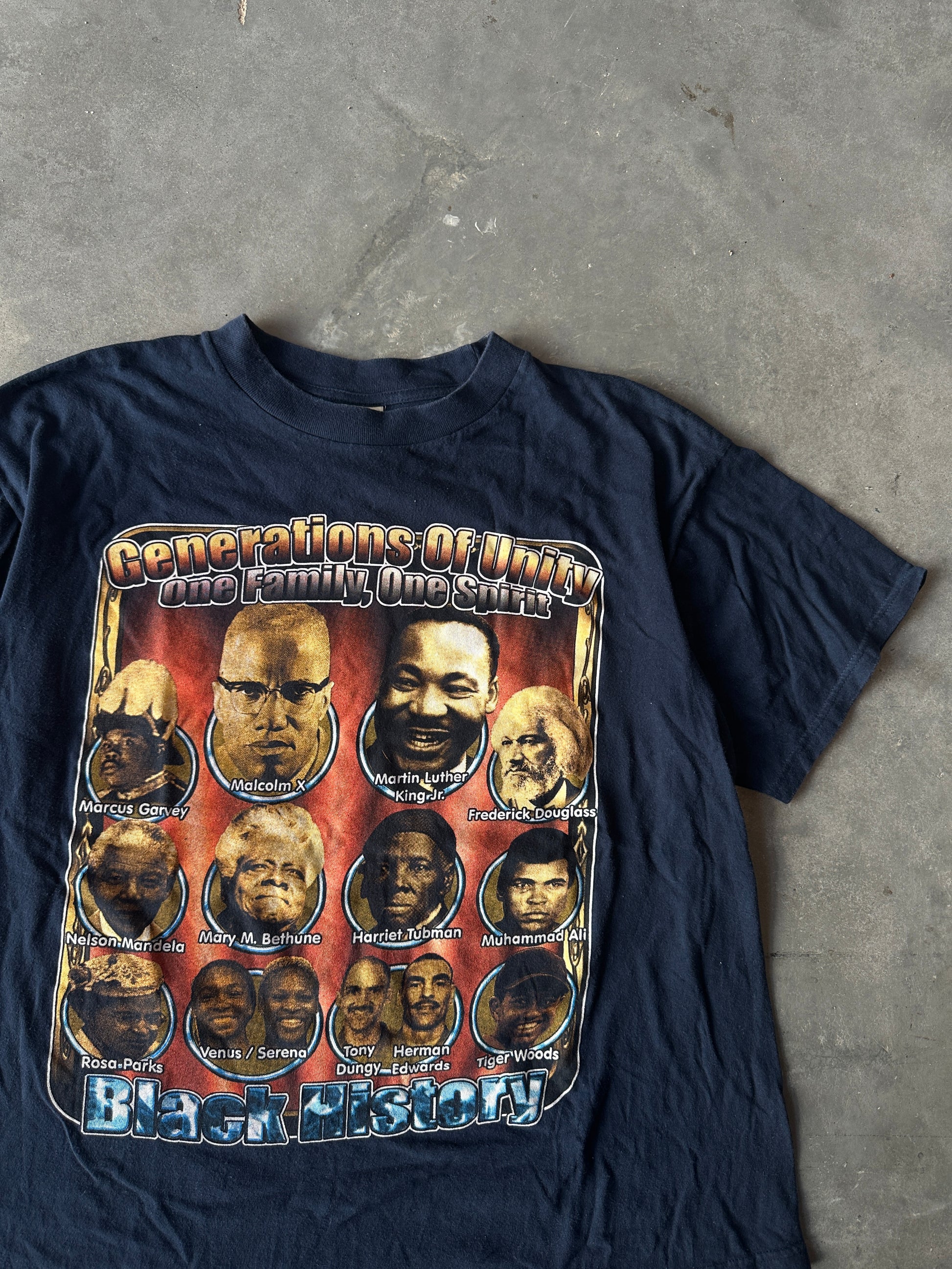 90's Generations of Unity Prominent Black Figures Malcolm X Muhammad Ali Venus & Serena Williams and More Free at Last Vintage Navy Blue Tee (Large)