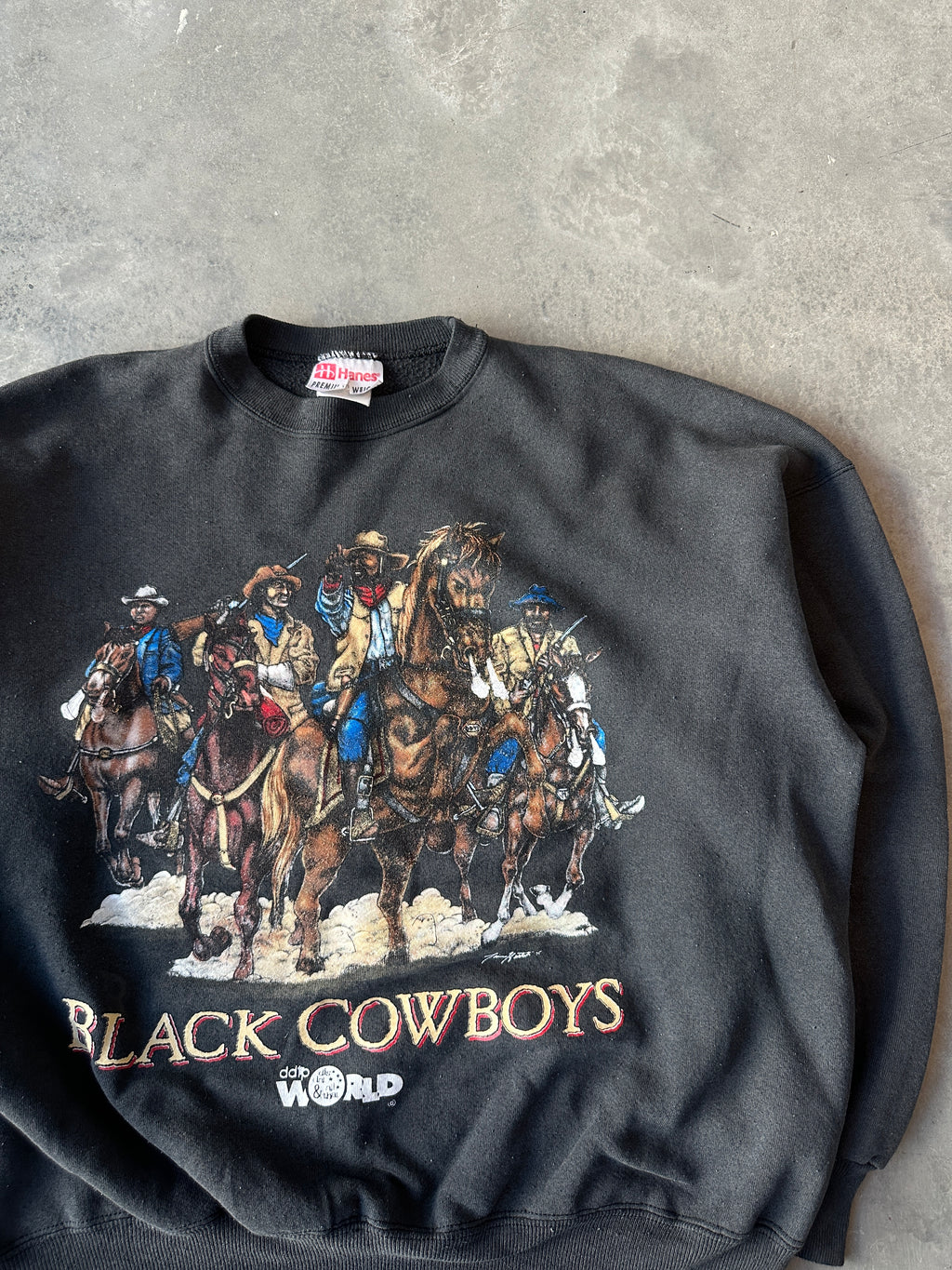90's Black Cowboys Heavyweight Vintage DDTP World Crewneck Sweatshirt (Boxy XL)