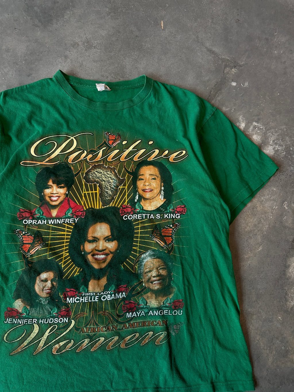 00's Positive African American Women & Women of Greatness Aretha Oprah Corretta & More Green Vintage Tee (Large)