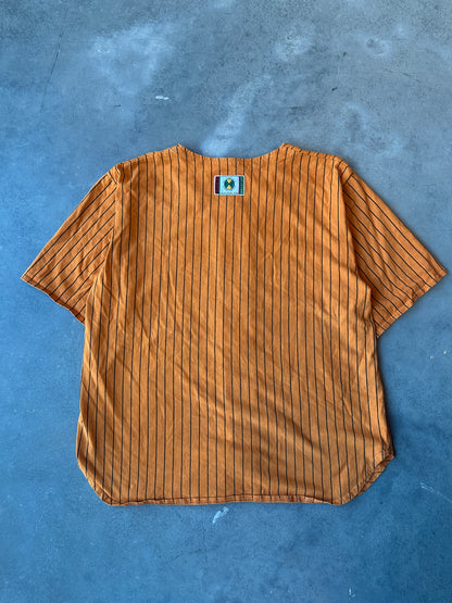 90’s Cross Colours Orange Full Zip Pinstripe Baseball Jersey (XL)