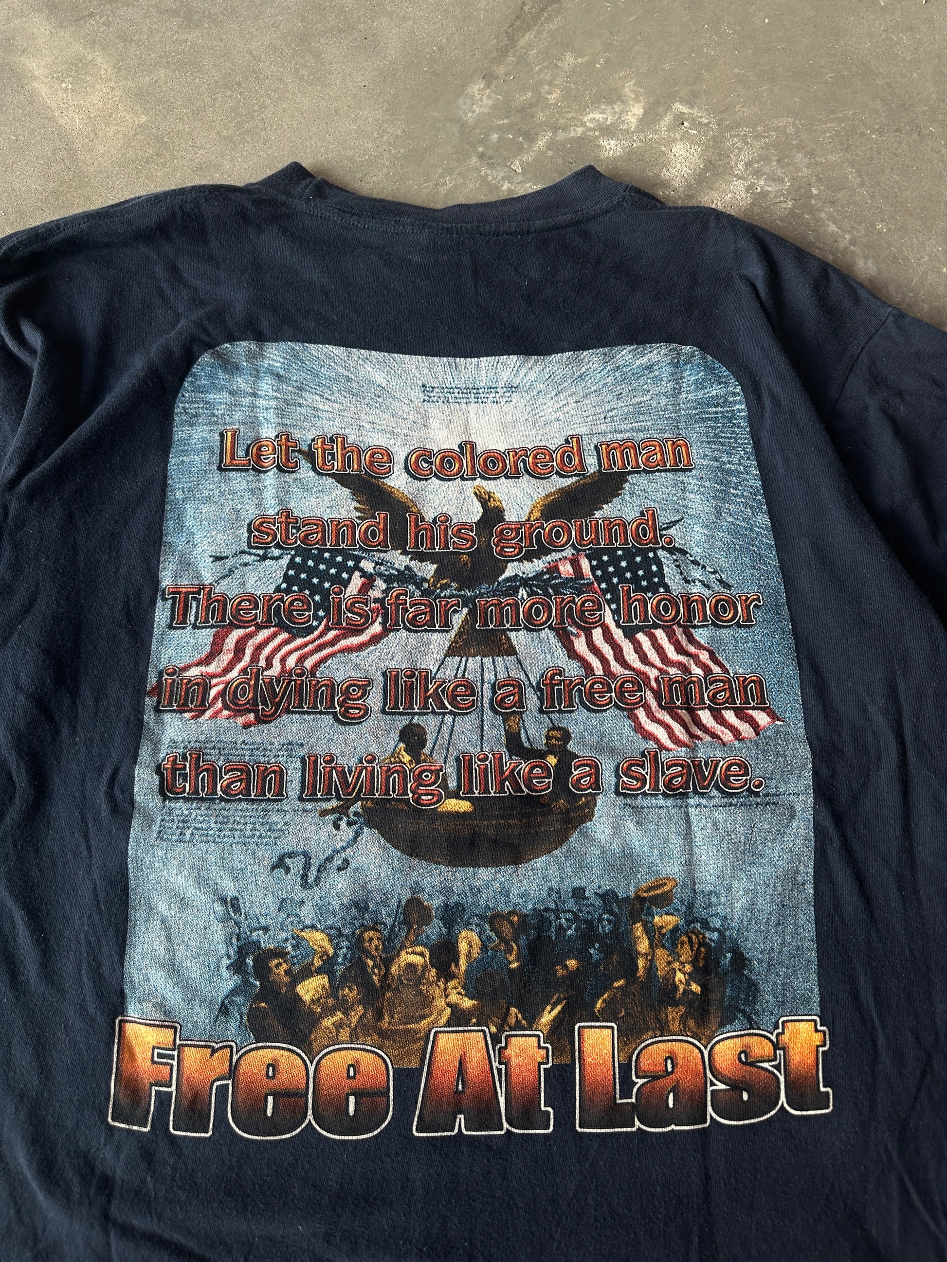 90's Generations of Unity Prominent Black Figures Malcolm X Muhammad Ali Venus & Serena Williams and More Free at Last Vintage Navy Blue Tee (Large)