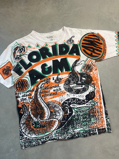 90’s FAMU Florida A&M Rattlers Vintage HBCU All Over Print Illustration Tee (Medium)