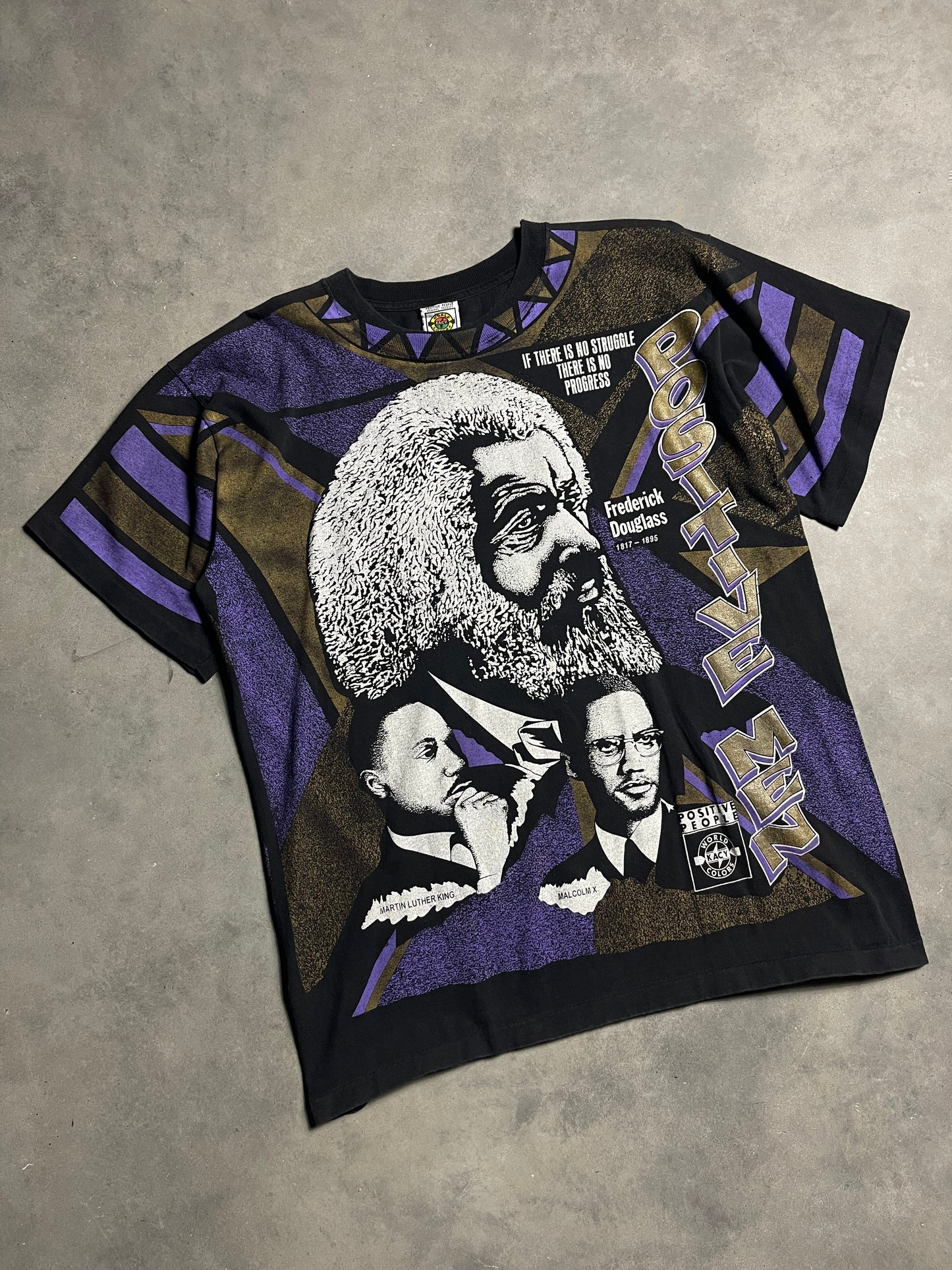 90’s Positive African American Men Frederick Douglass MLK Malcolm X Kacy Colors All Over Print Vintage Tee (XXL)