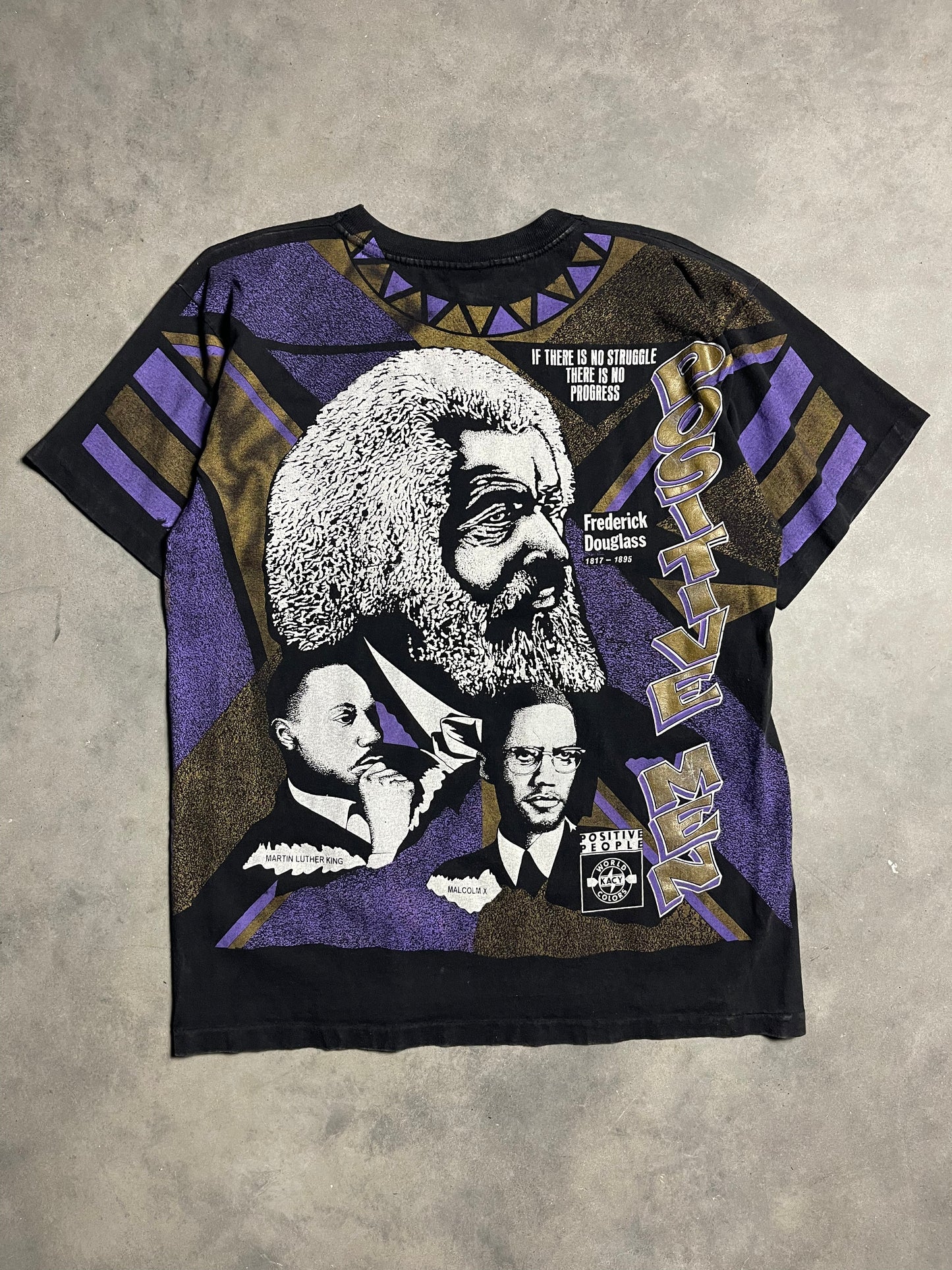 90’s Positive African American Men Frederick Douglass MLK Malcolm X Kacy Colors All Over Print Vintage Tee (XXL)