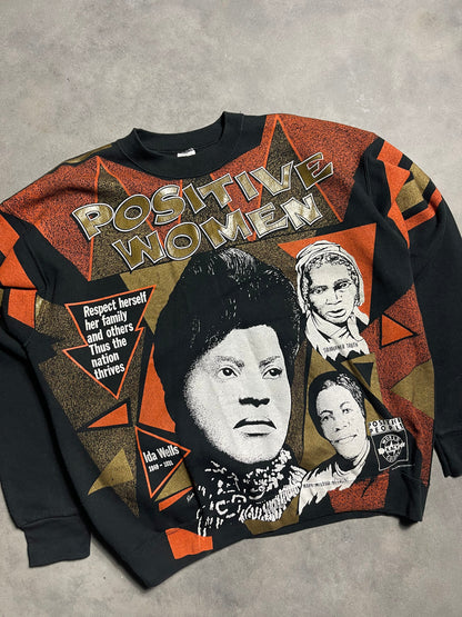 90’s Positive African American Women Ida Wells Sojourner Truth Kacy Colors All Over Print Vintage Heavyweight Crewneck (XL)