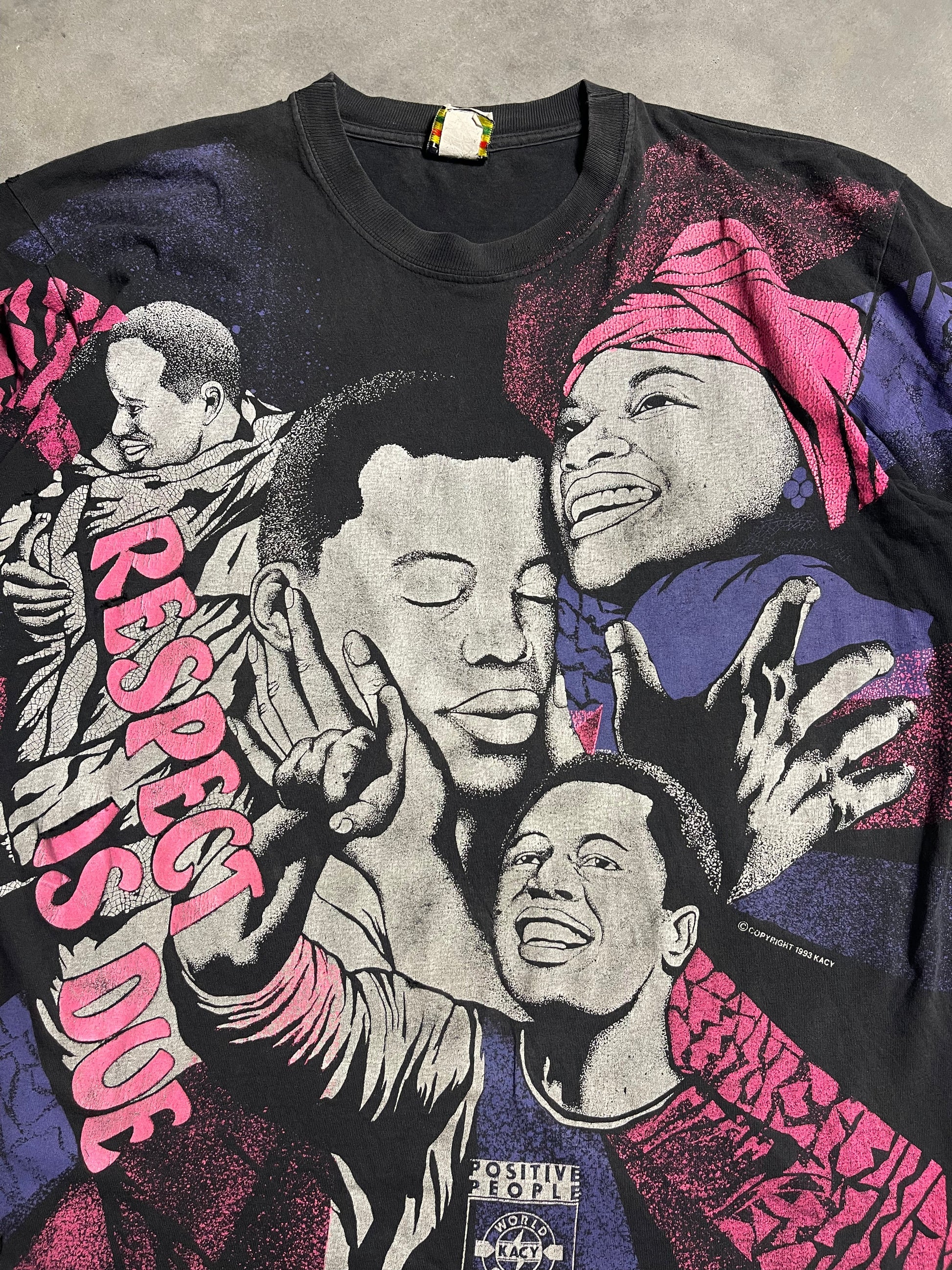 90’s Respect is Due Black History & Empowerment Kacy Colors Vintage All Over Print Tee (XL)