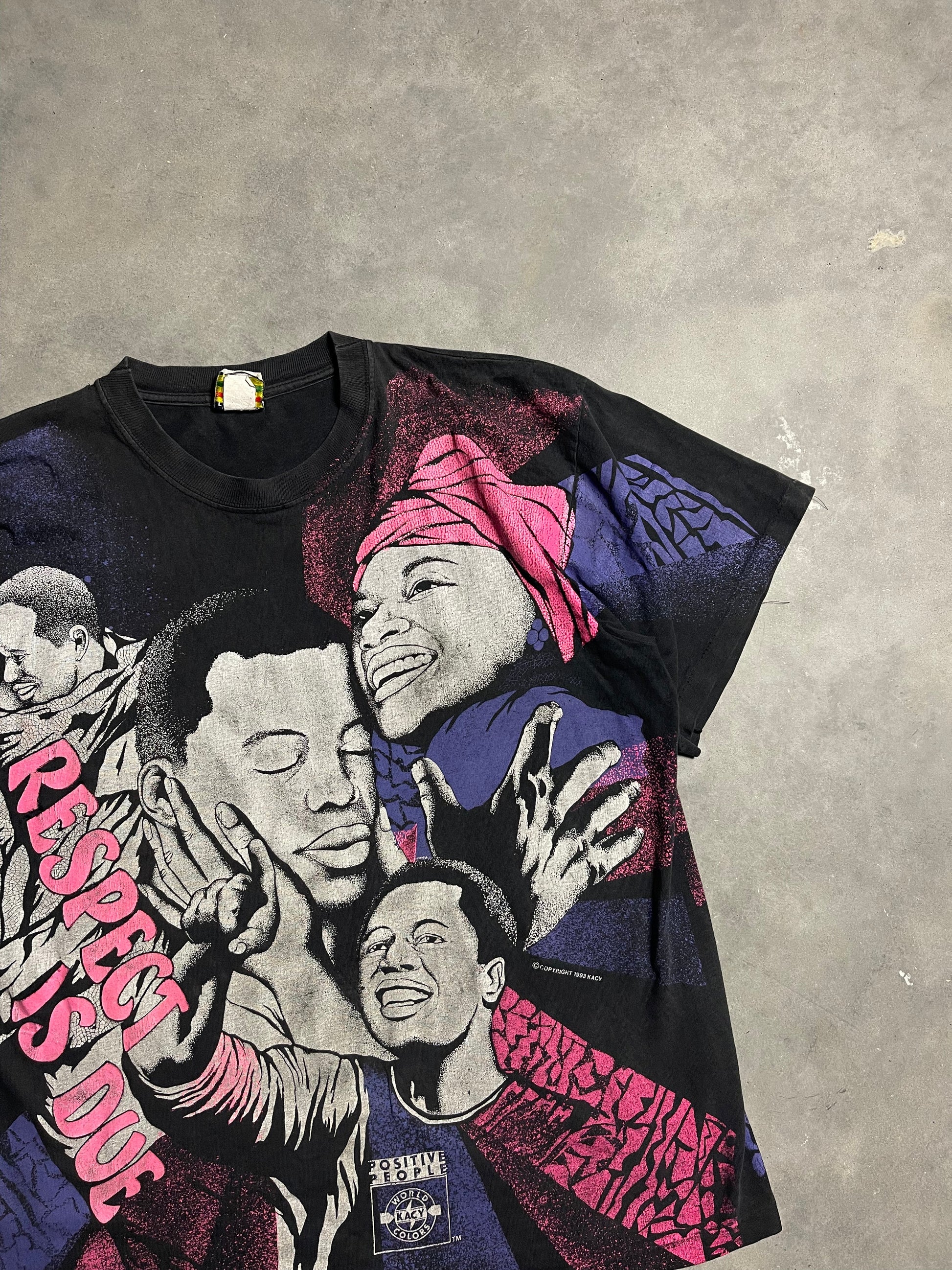 90’s Respect is Due Black History & Empowerment Kacy Colors Vintage All Over Print Tee (XL)