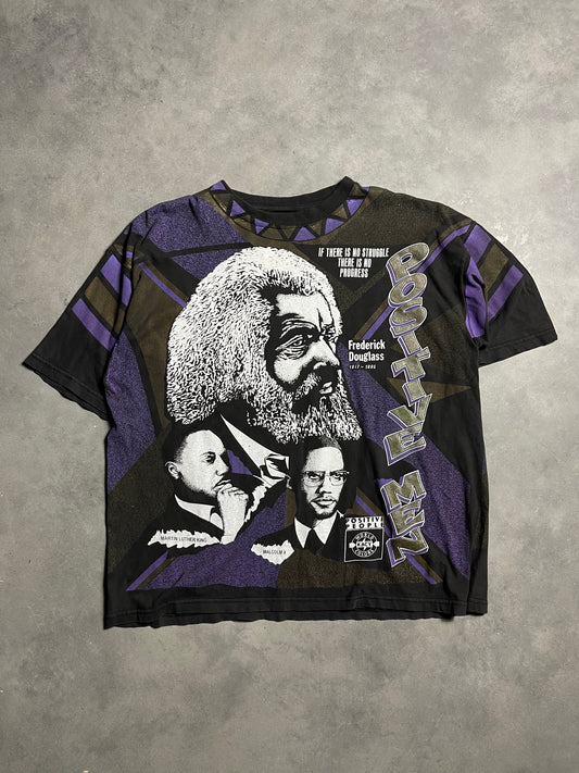 90’s Positive African American Men Frederick Douglass MLK Malcolm X Kacy Colors All Over Print Vintage Tee (XL)