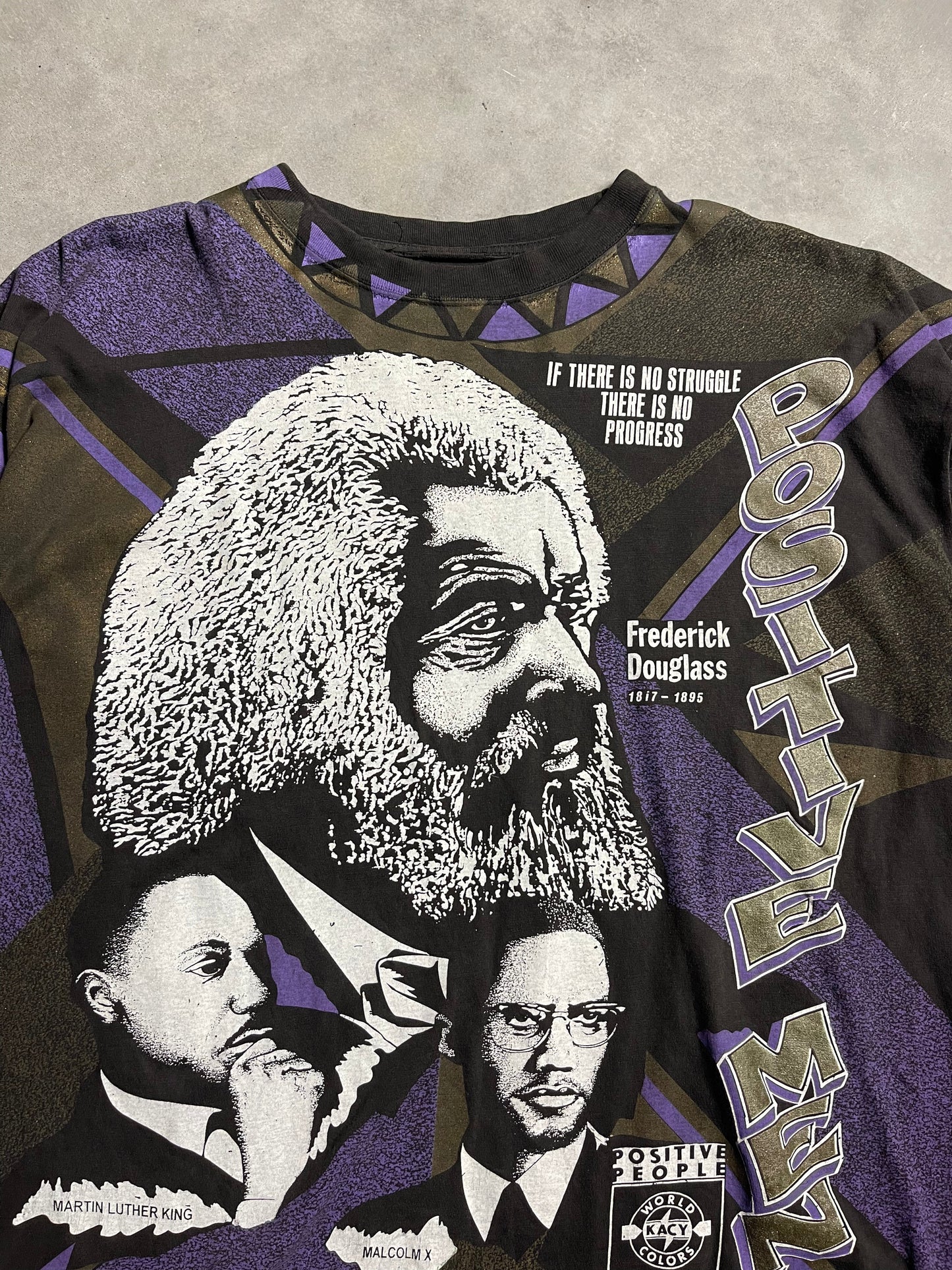 90’s Positive African American Men Frederick Douglass MLK Malcolm X Kacy Colors All Over Print Vintage Tee (XL)