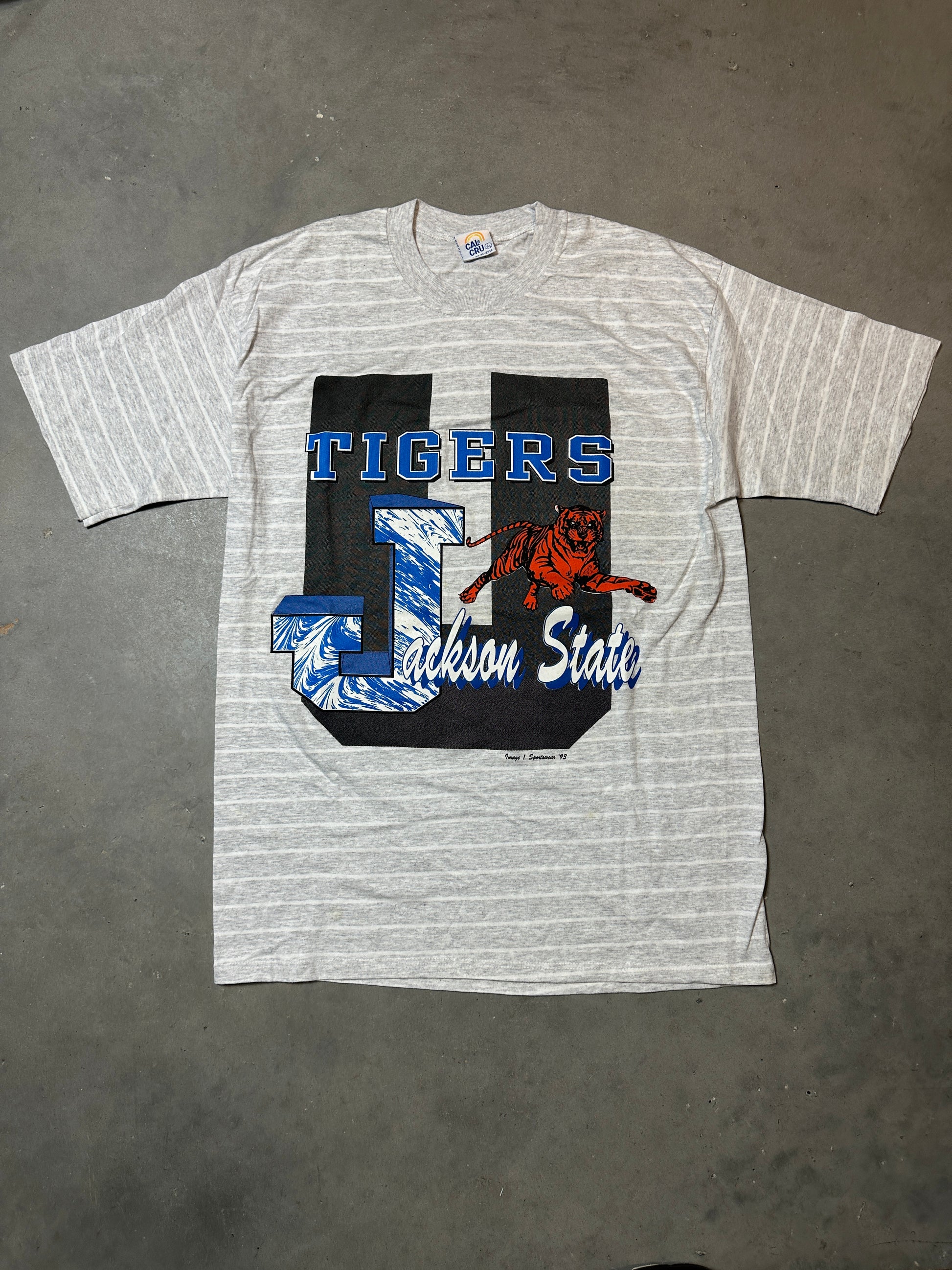 90’s Jackson State JSU Tigers Striped Spellout Logo Vintage Tee (XL)