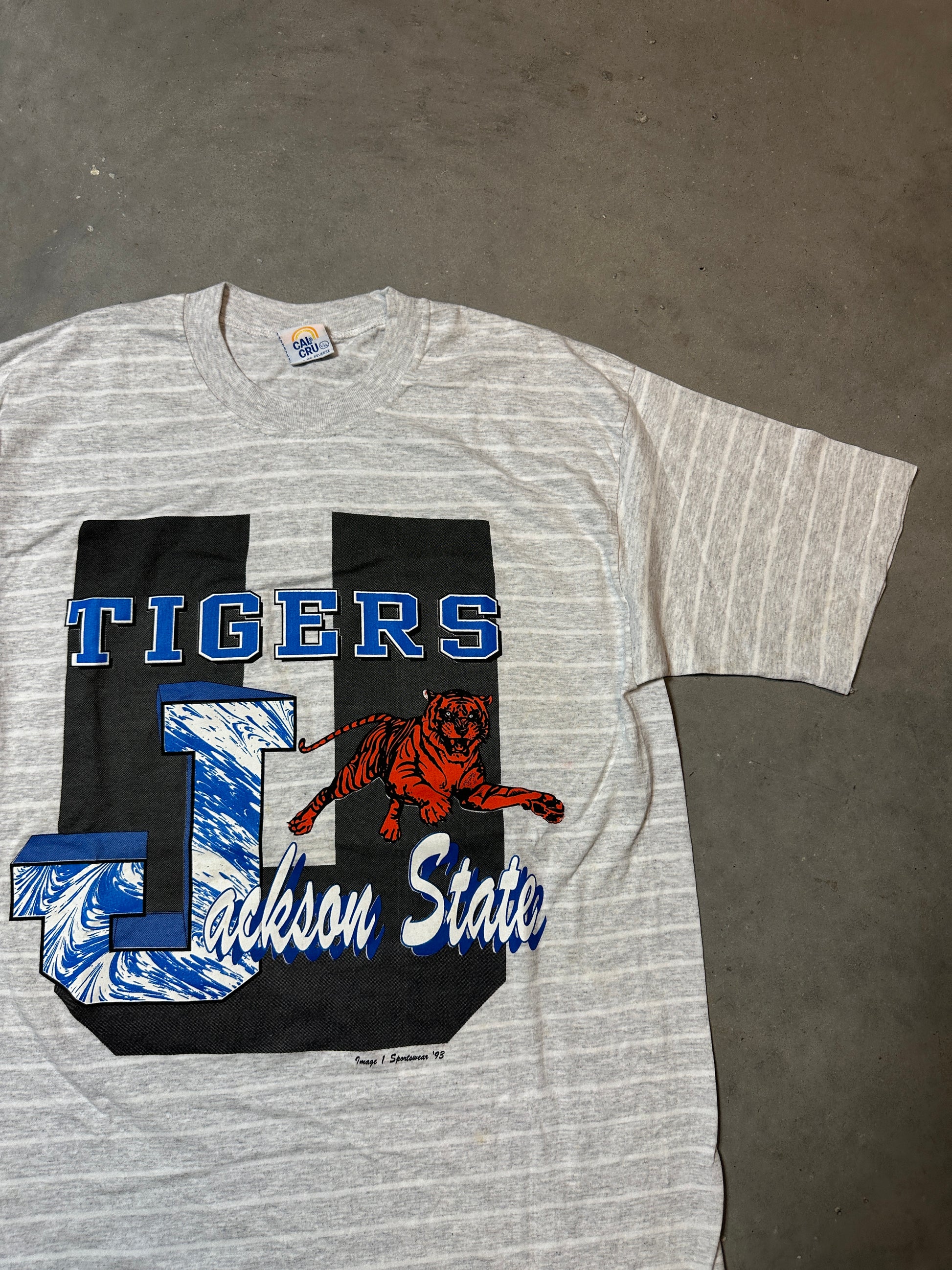 90’s Jackson State JSU Tigers Striped Spellout Logo Vintage Tee (XL)