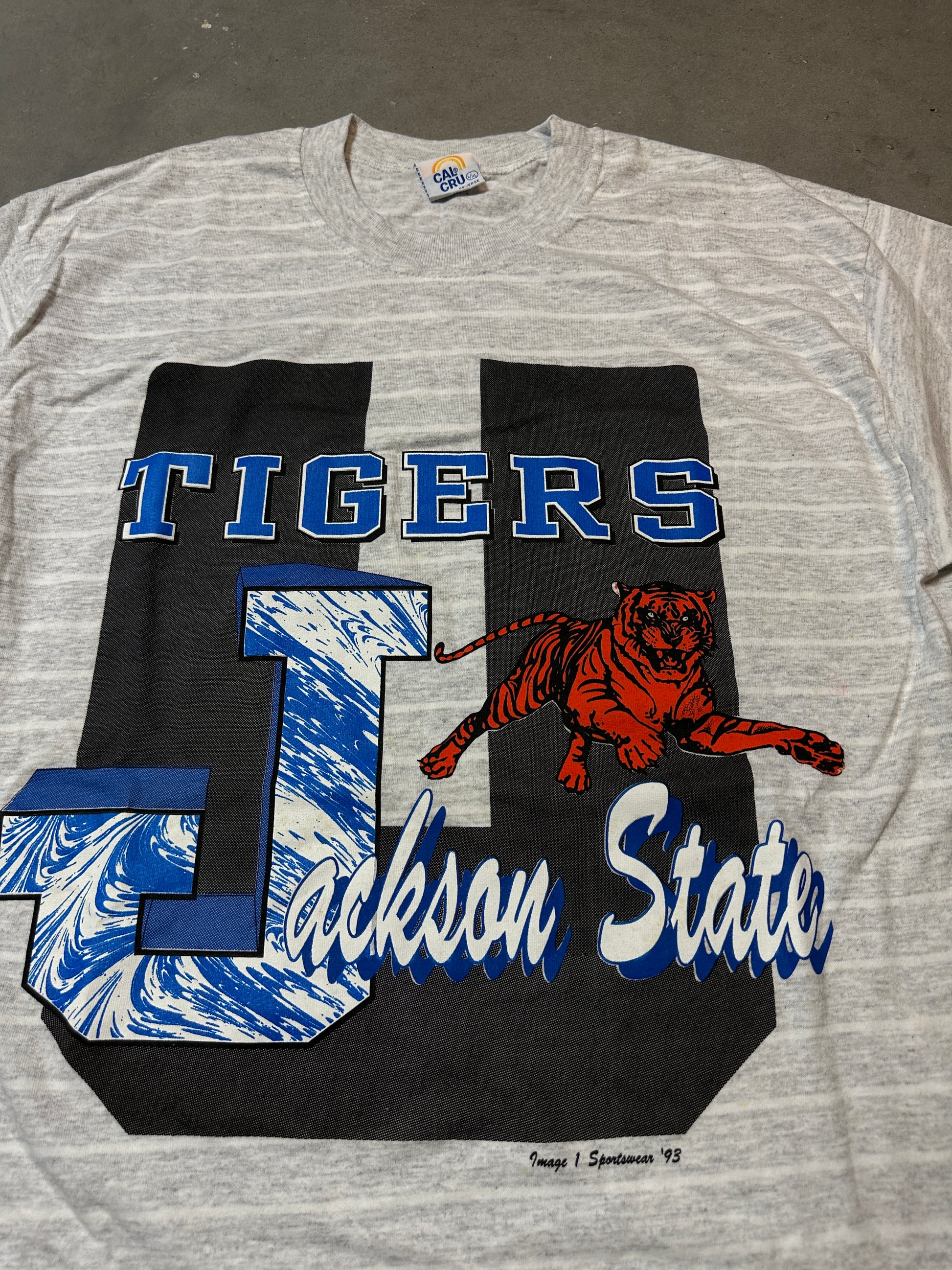 90’s Jackson State JSU Tigers Striped Spellout Logo Vintage Tee (XL)