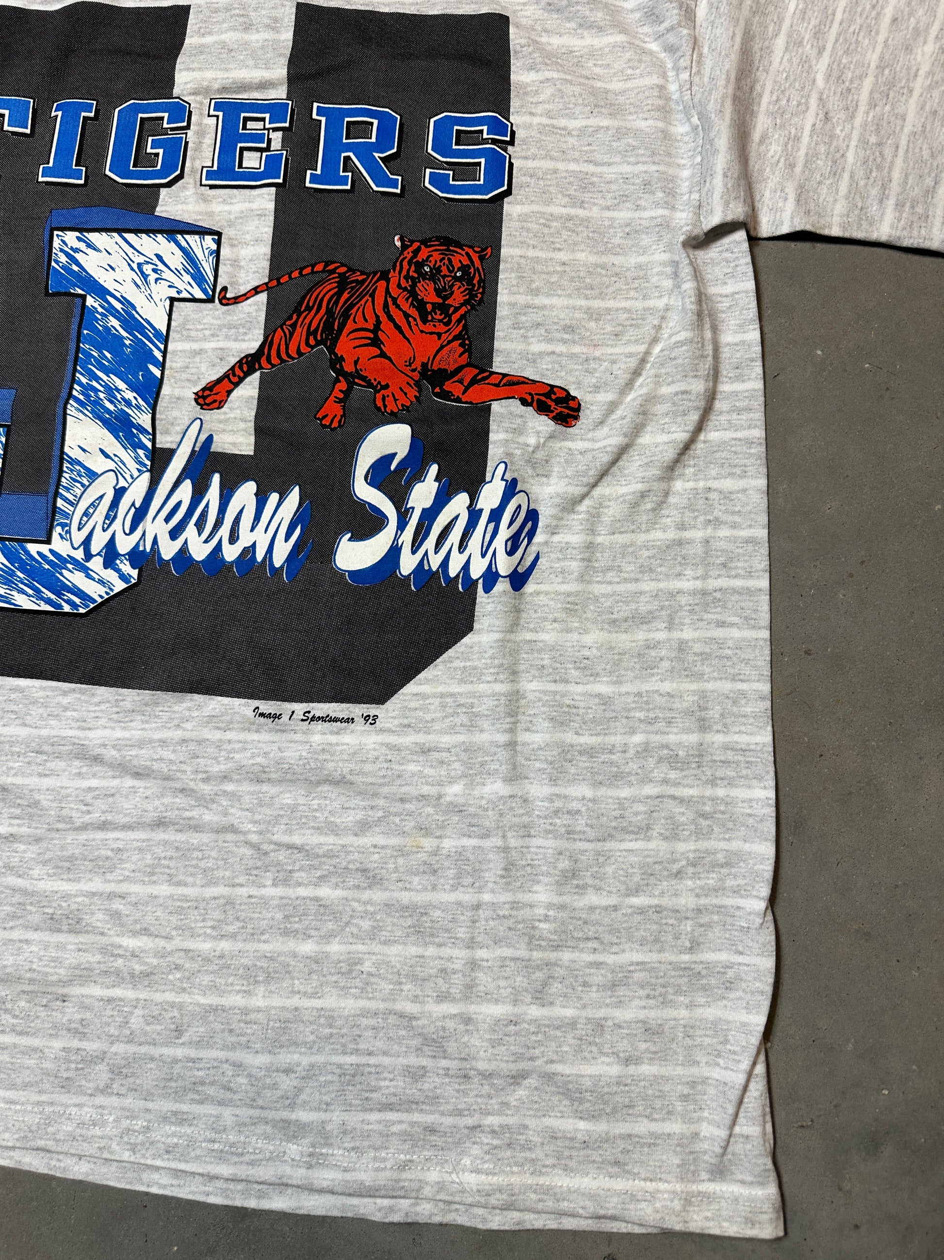 90’s Jackson State JSU Tigers Striped Spellout Logo Vintage Tee (XL)