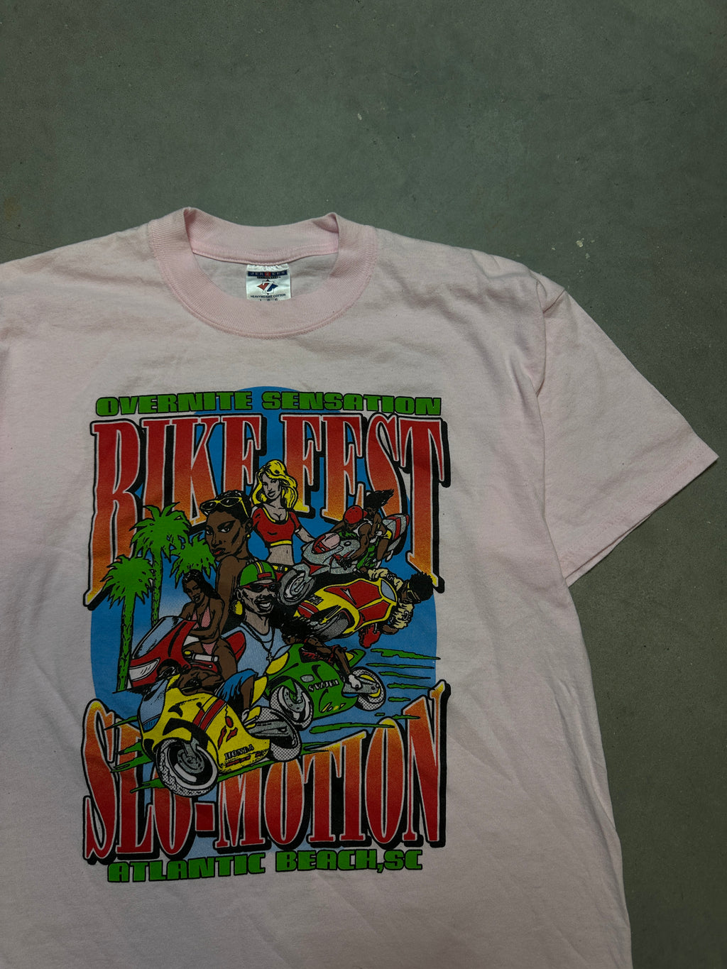 00's Black Bike Fest Overnite Sensation Slo-Motion Atlantic Beach, SC Vintage Pink Tee (Large)