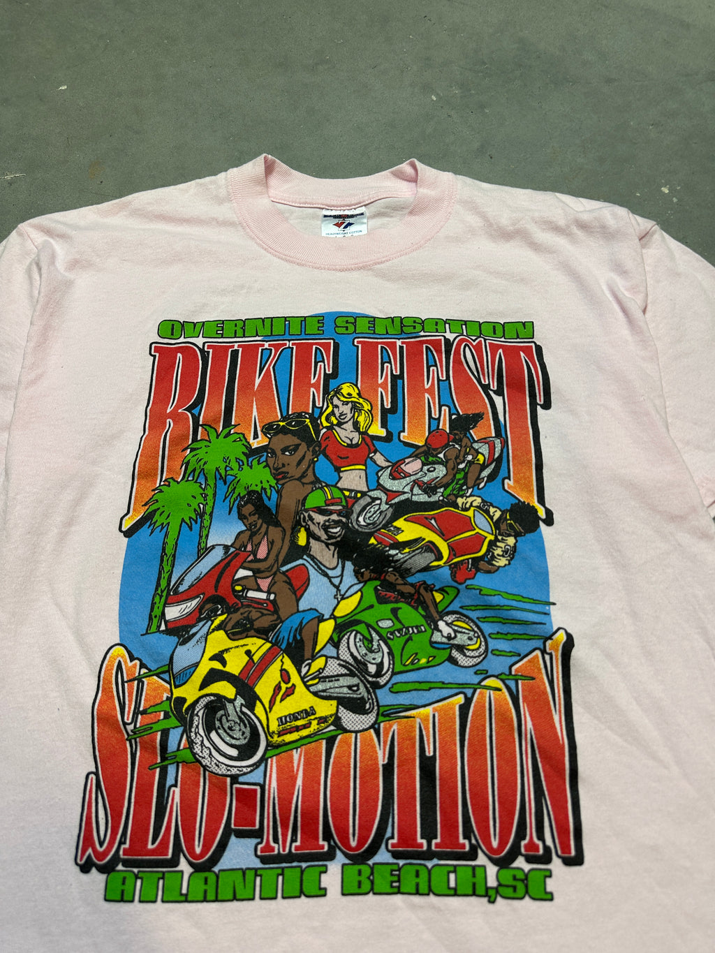 00's Black Bike Fest Overnite Sensation Slo-Motion Atlantic Beach, SC Vintage Pink Tee (Large)