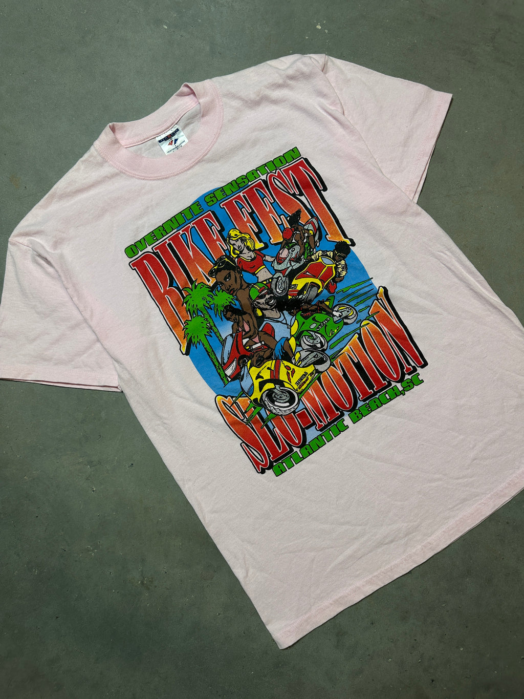 00's Black Bike Fest Overnite Sensation Slo-Motion Atlantic Beach, SC Vintage Pink Tee (Large)