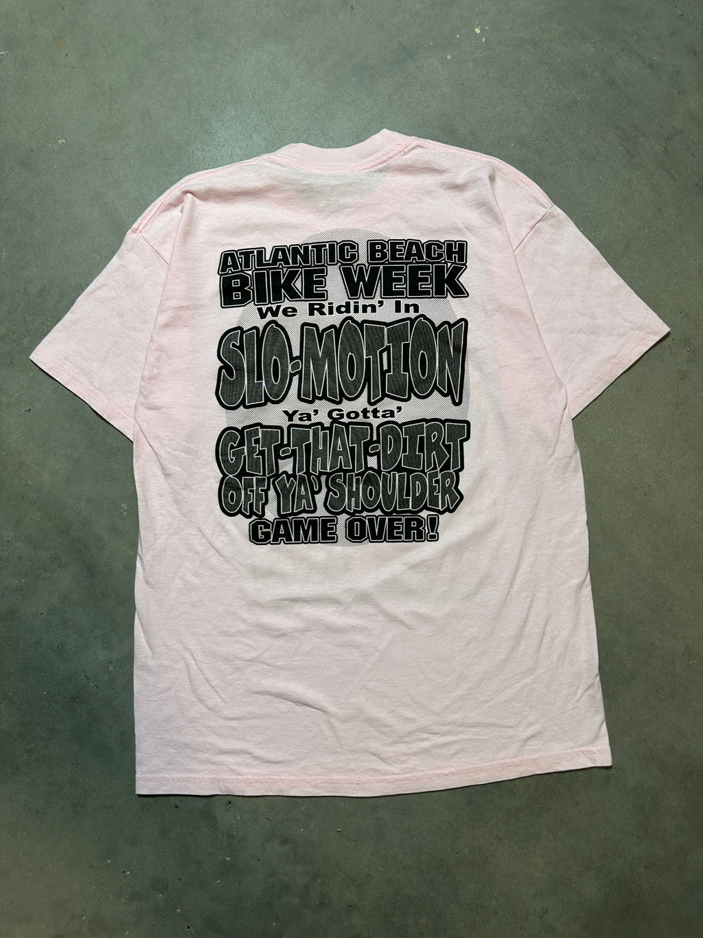 00's Black Bike Fest Overnite Sensation Slo-Motion Atlantic Beach, SC Vintage Pink Tee (Large)