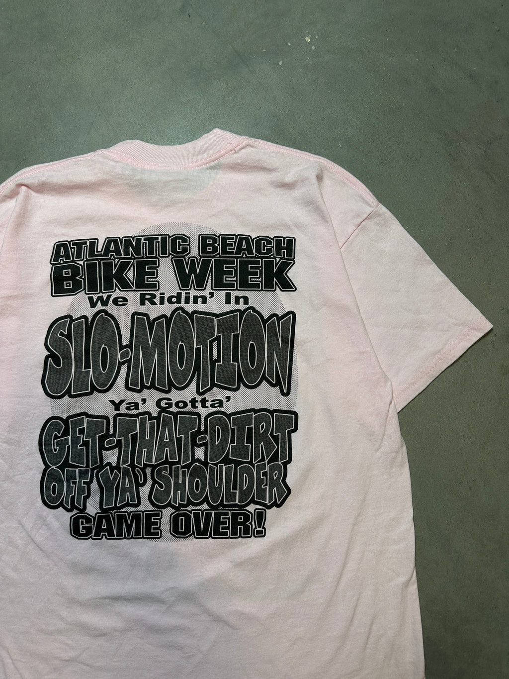 00's Black Bike Fest Overnite Sensation Slo-Motion Atlantic Beach, SC Vintage Pink Tee (Large)