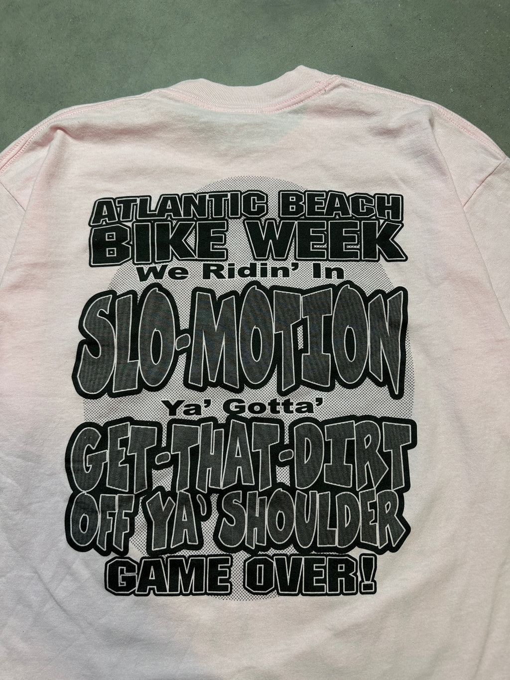 00's Black Bike Fest Overnite Sensation Slo-Motion Atlantic Beach, SC Vintage Pink Tee (Large)