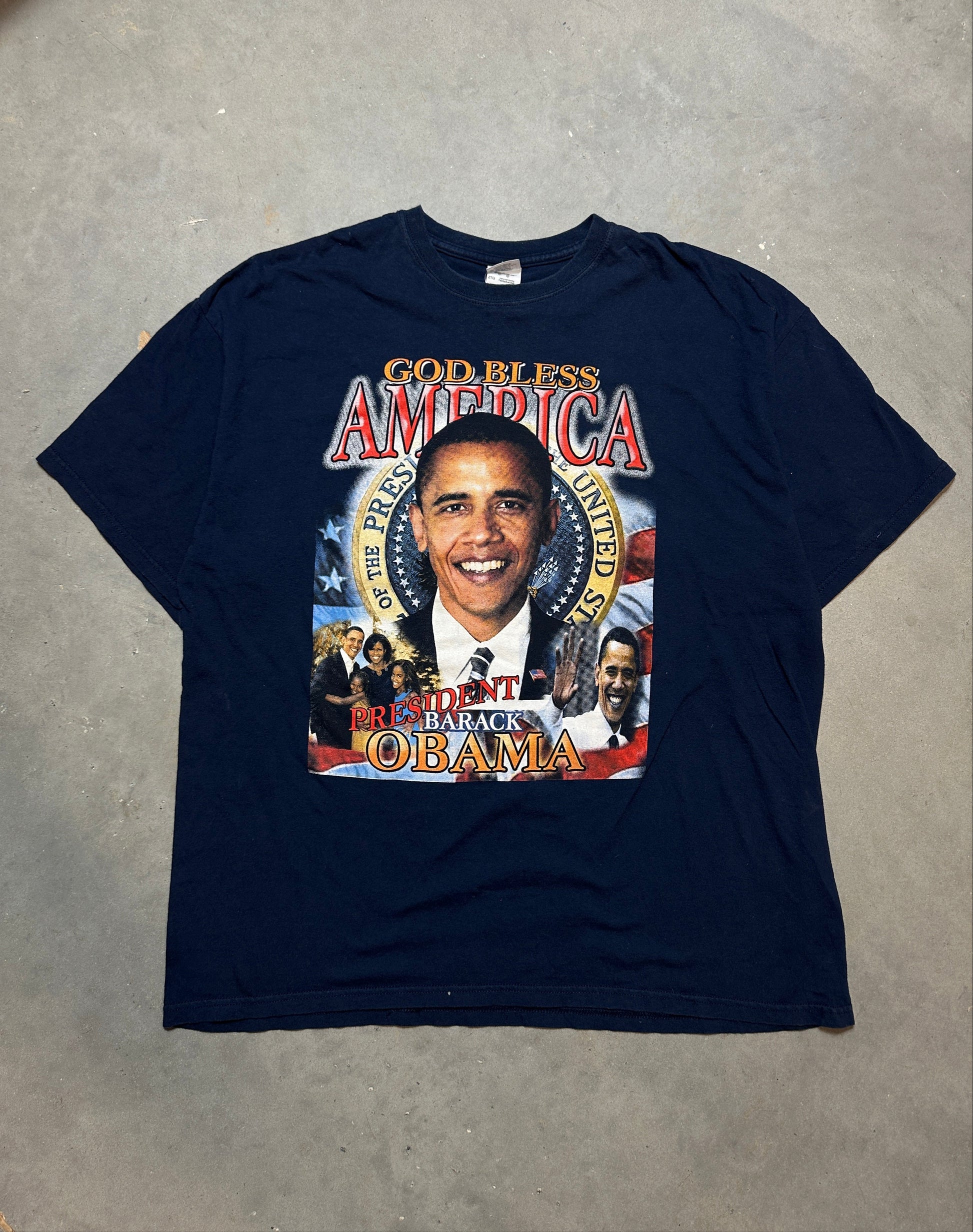 2008 President Barack Obama God Bless America Navy Blue Vintage Tee (XL)