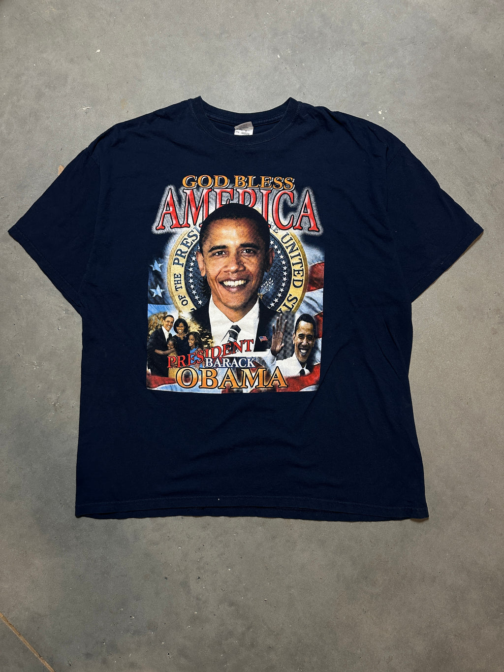 2008 President Barack Obama God Bless America Navy Blue Vintage Tee (XL)