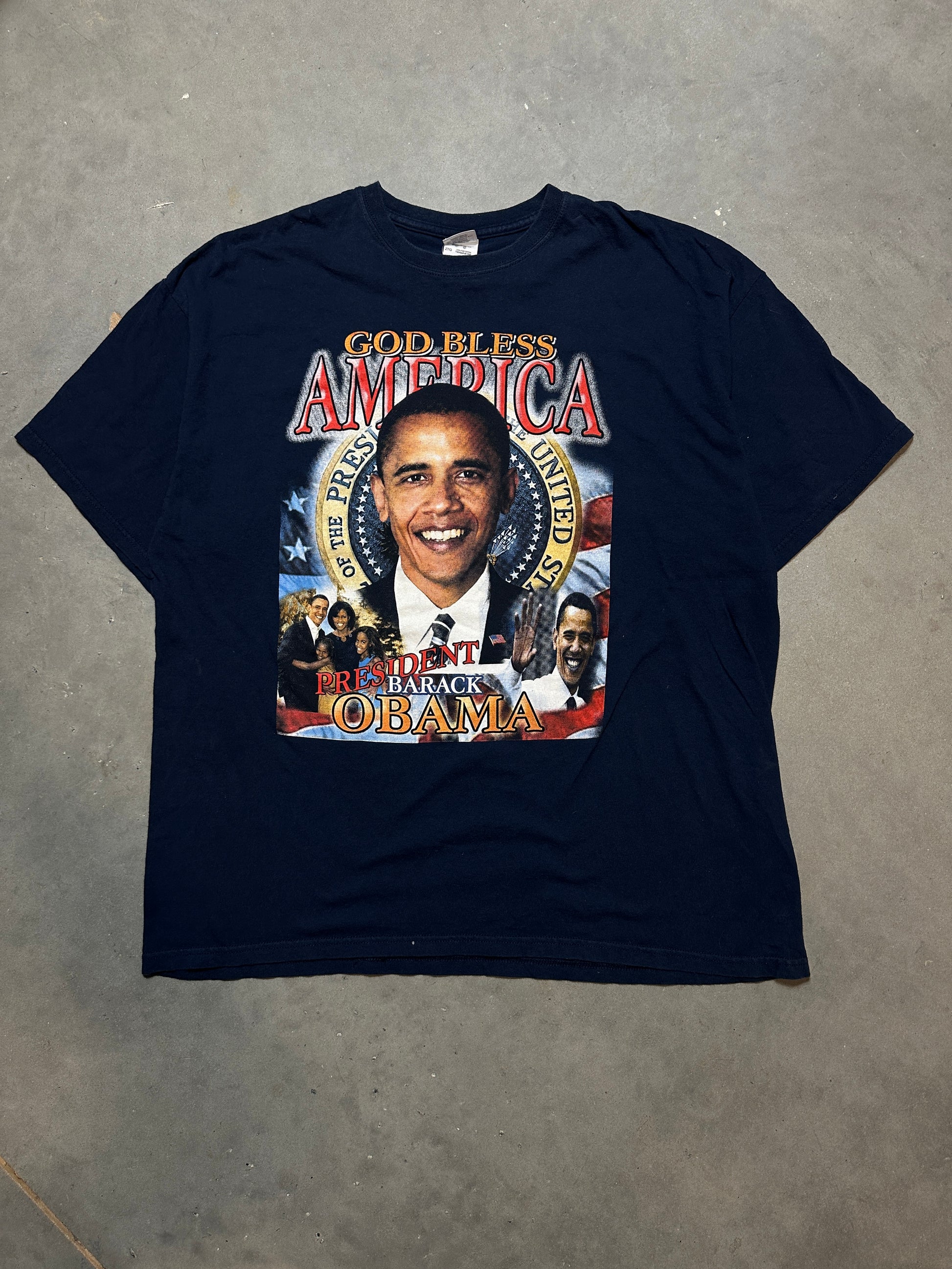 2008 President Barack Obama God Bless America Navy Blue Vintage Tee (XL)